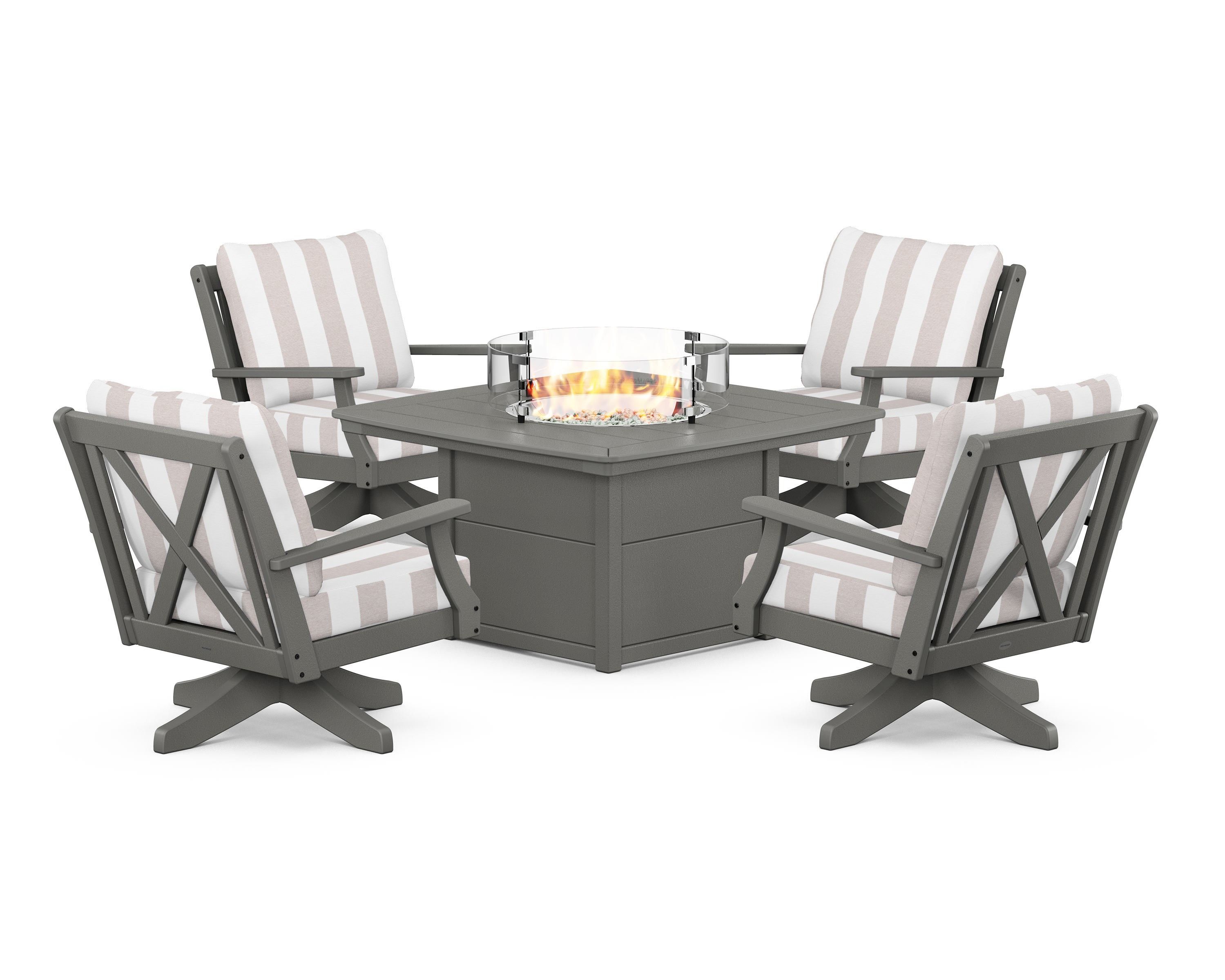 POLYWOOD® Braxton 5-Piece Deep Seating Swivel Conversation Set with Fire Pit Table in Slate Grey / Cabana Stripe Dune Burlap