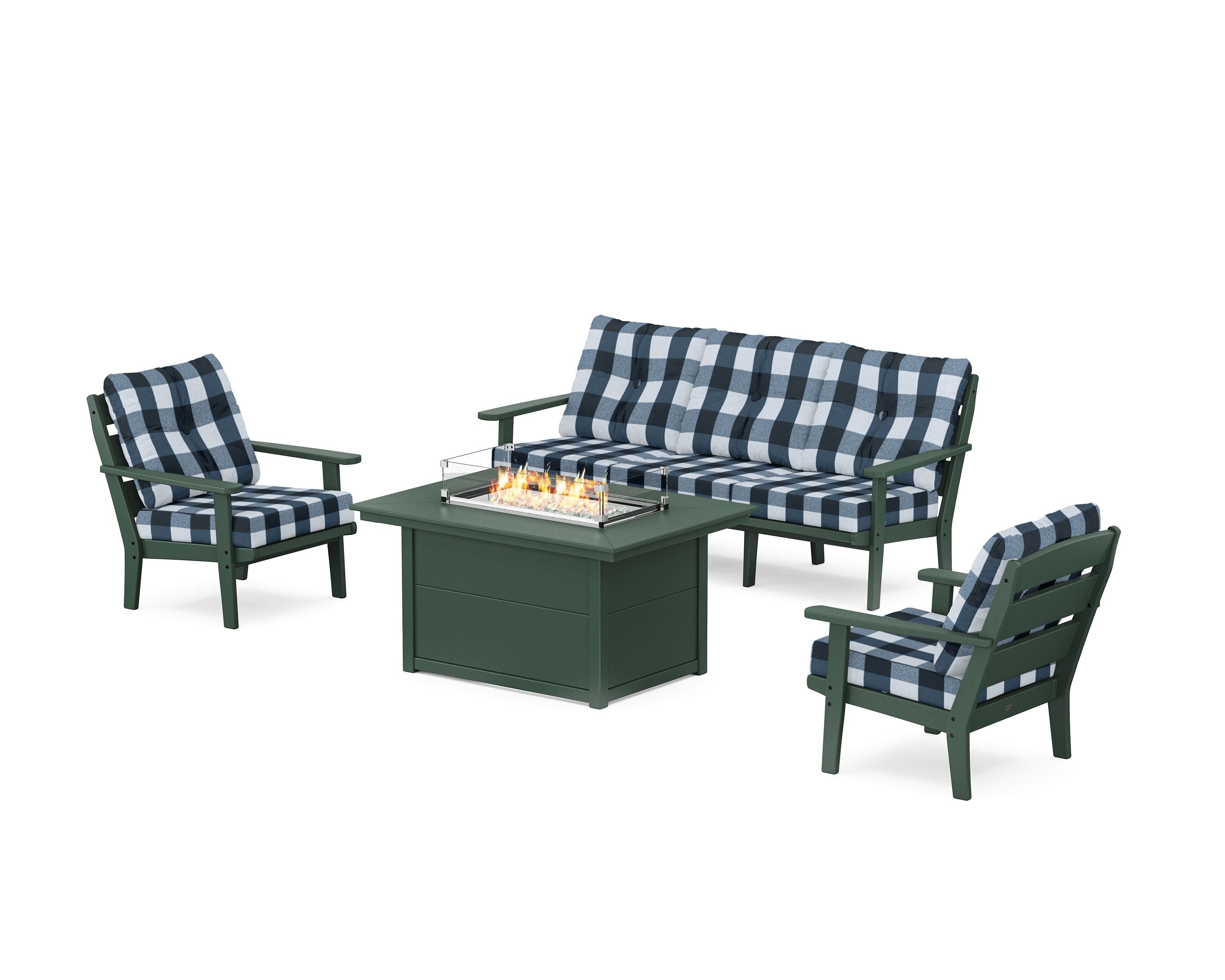 POLYWOOD® Lakeside Deep Seating Fire Pit Table Set in Green / Buffalo Plaid Marine Indigo