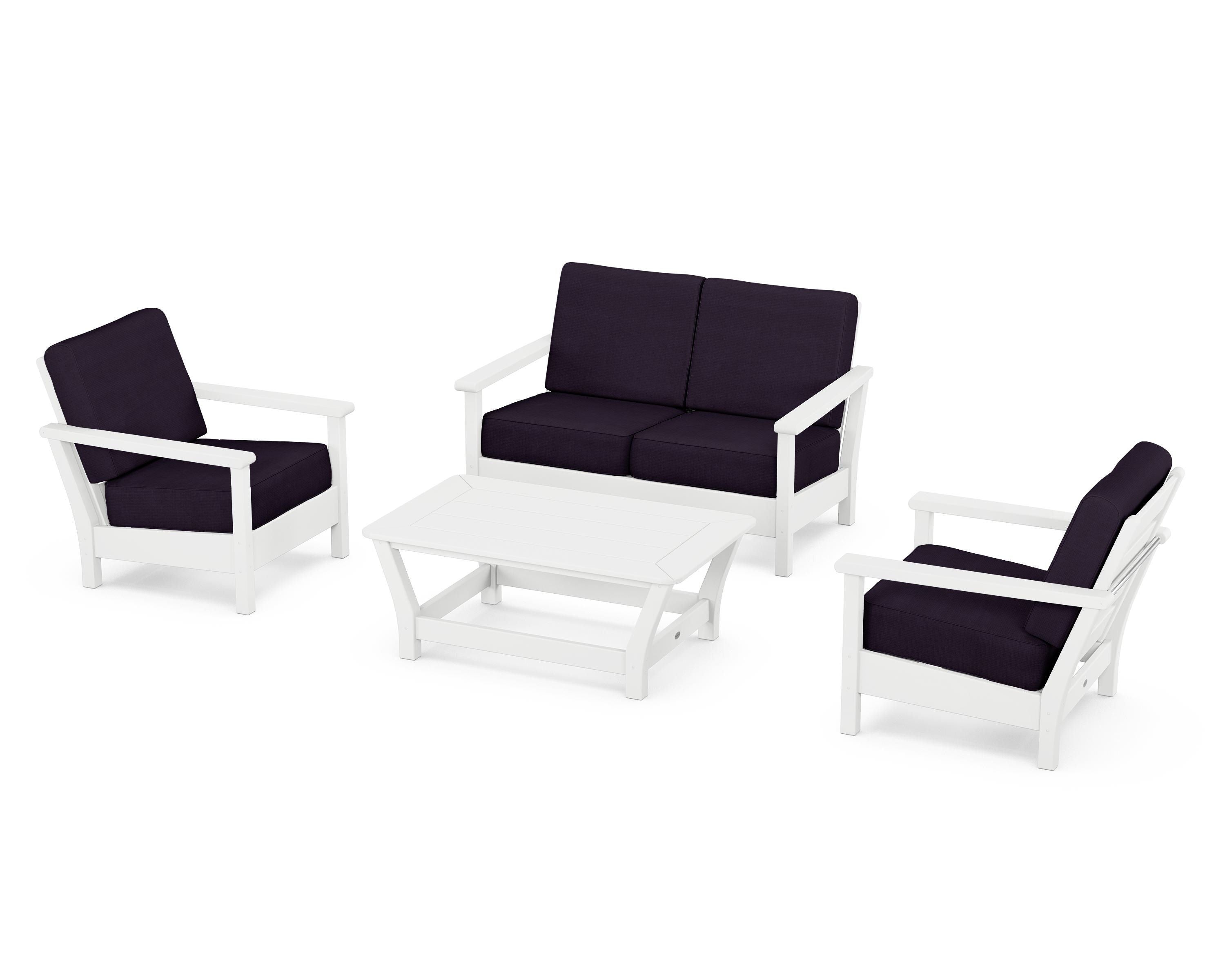 POLYWOOD® Harbour 4-Piece Deep Seating Set in White / Navy Linen