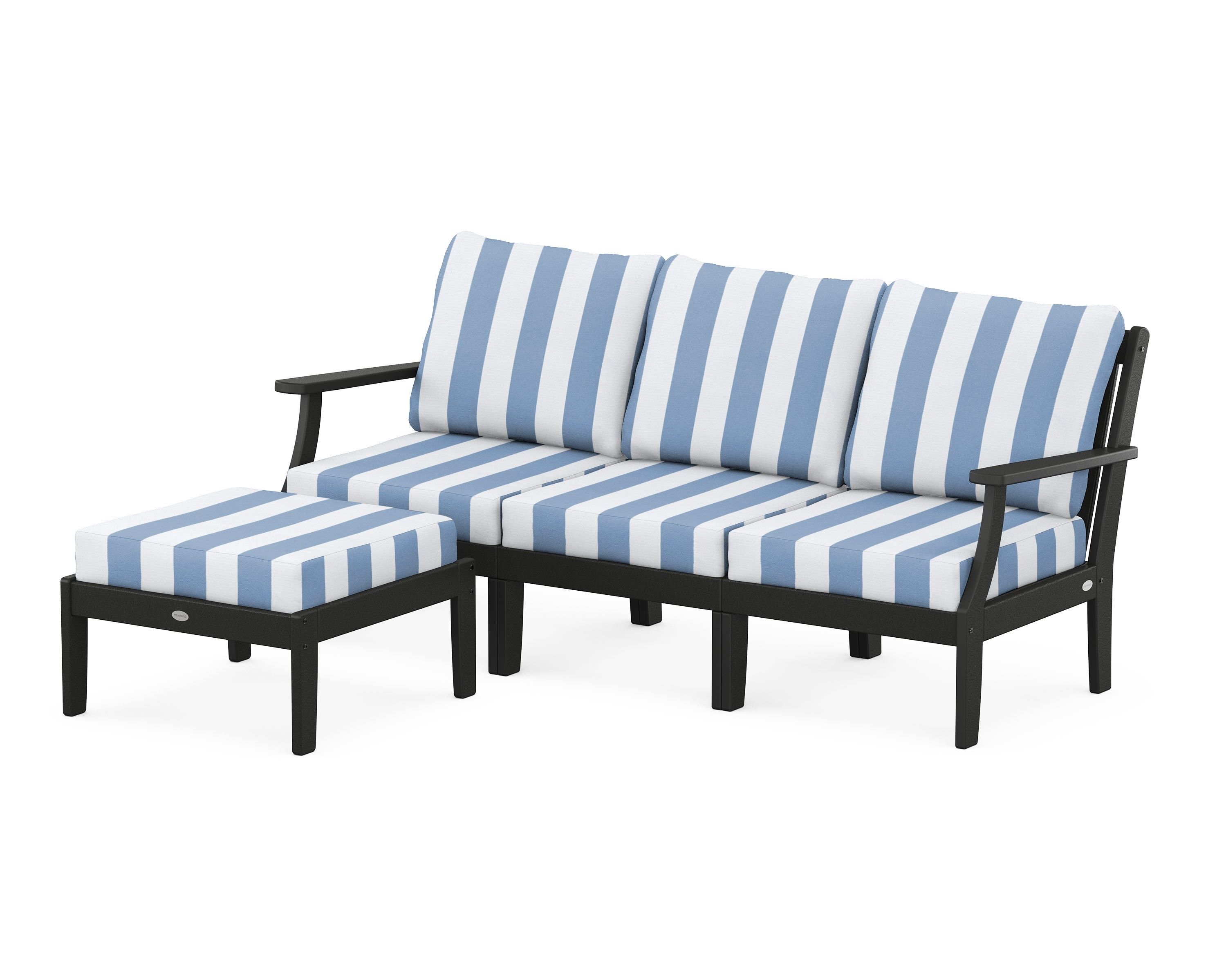 POLYWOOD® Braxton Modular 4-Piece Deep Seating Set with Ottoman in Black / Cabana Stripe Sky Blue