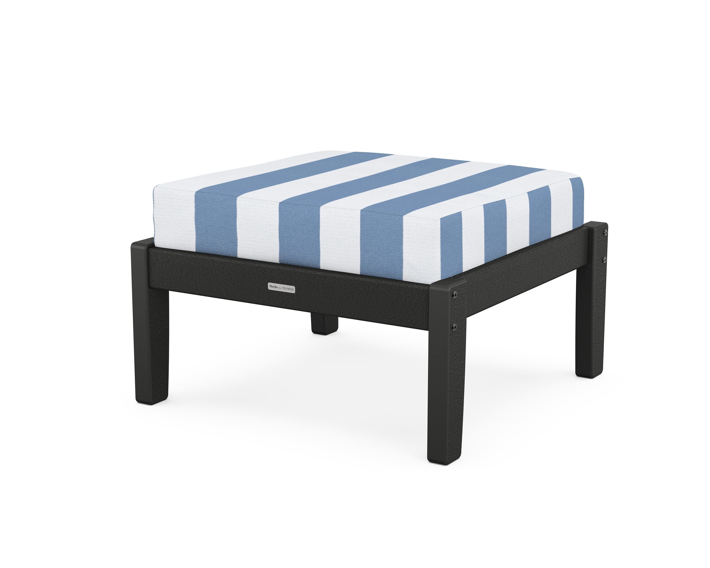 Martha Stewart by POLYWOOD® Chinoiserie Deep Seating Ottoman in Black / Cabana Stripe Sky Blue