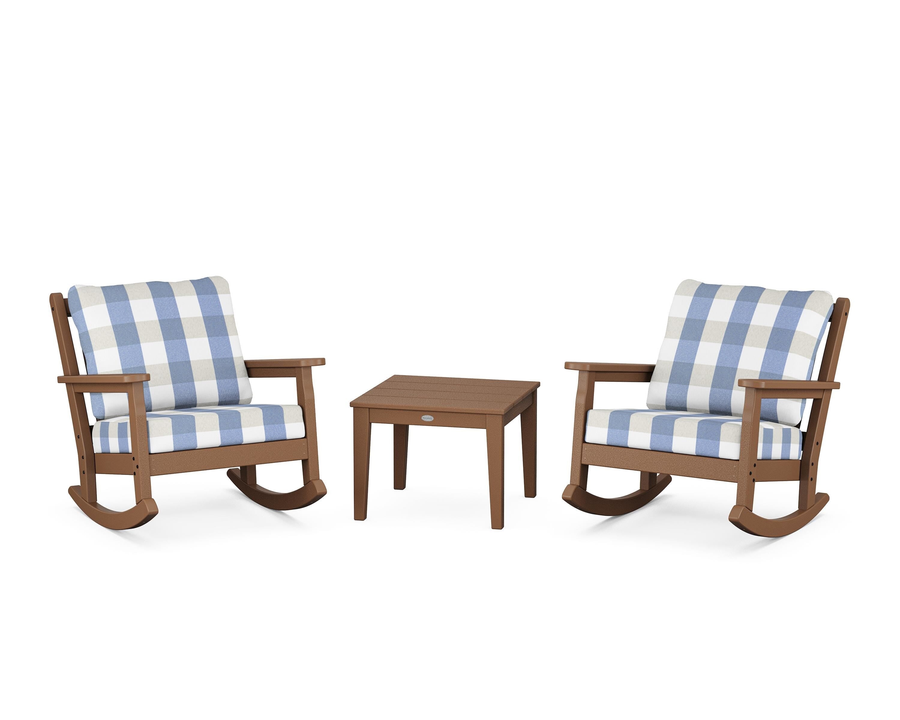 POLYWOOD® Chippendale 3-Piece Deep Seating Rocker Set in Teak / Buffalo Plaid Sky Blue