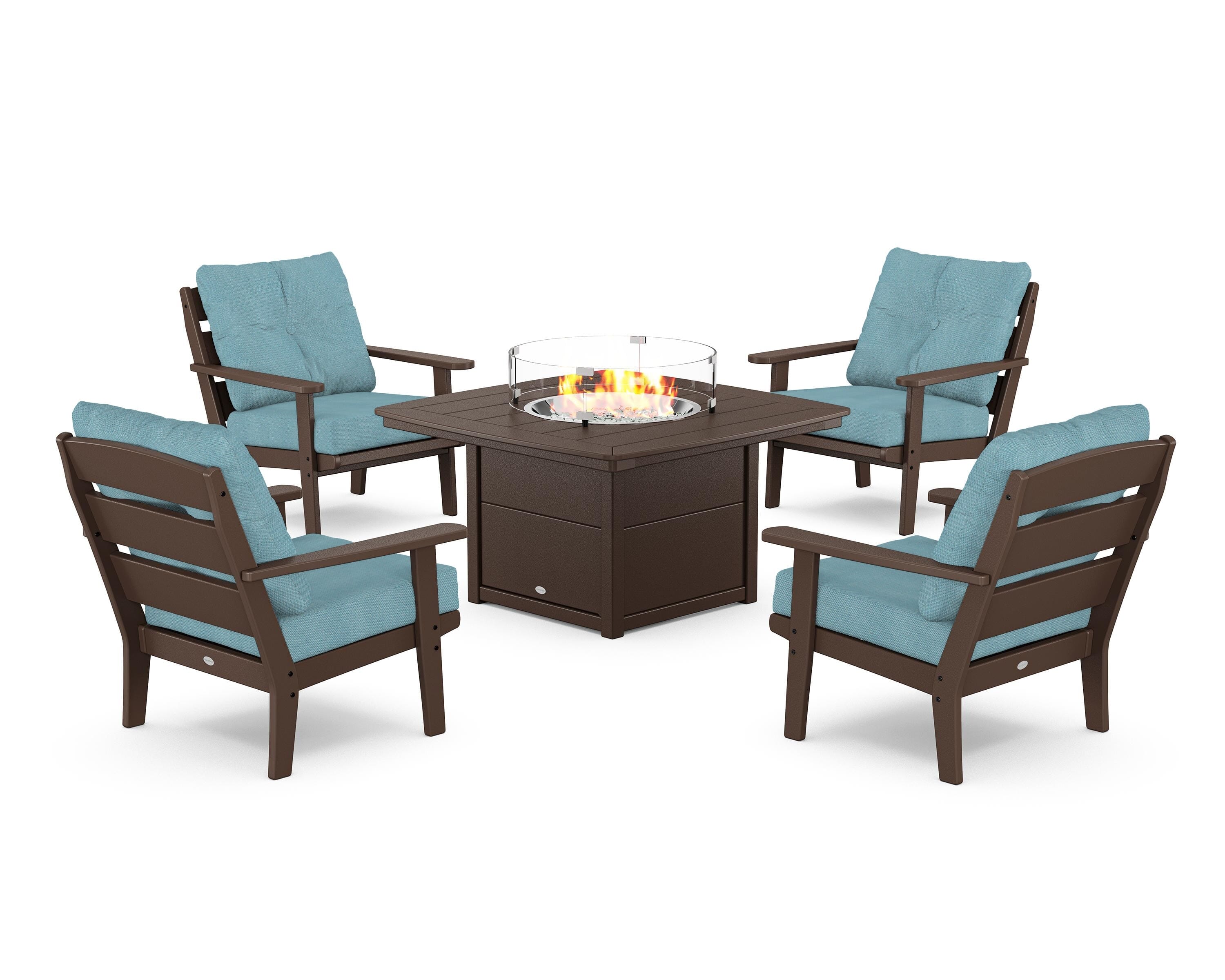 POLYWOOD® Lakeside 5-Piece Deep Seating Set with Nautical Fire Pit Table in Mahogany / Lattice Sky Blue