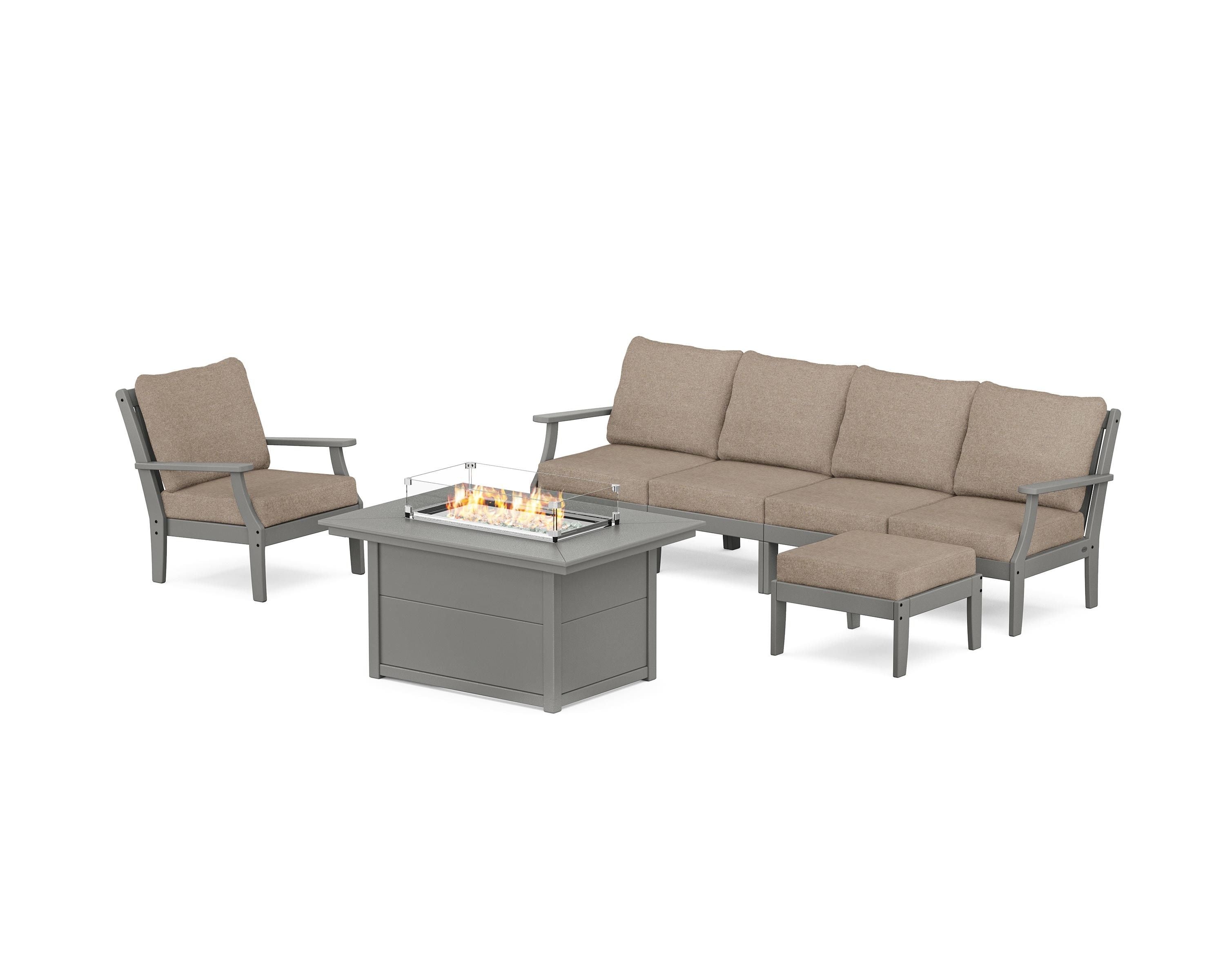 POLYWOOD® Braxton Sectional Lounge and Fire Pit Set in Slate Grey / Spiced Burlap