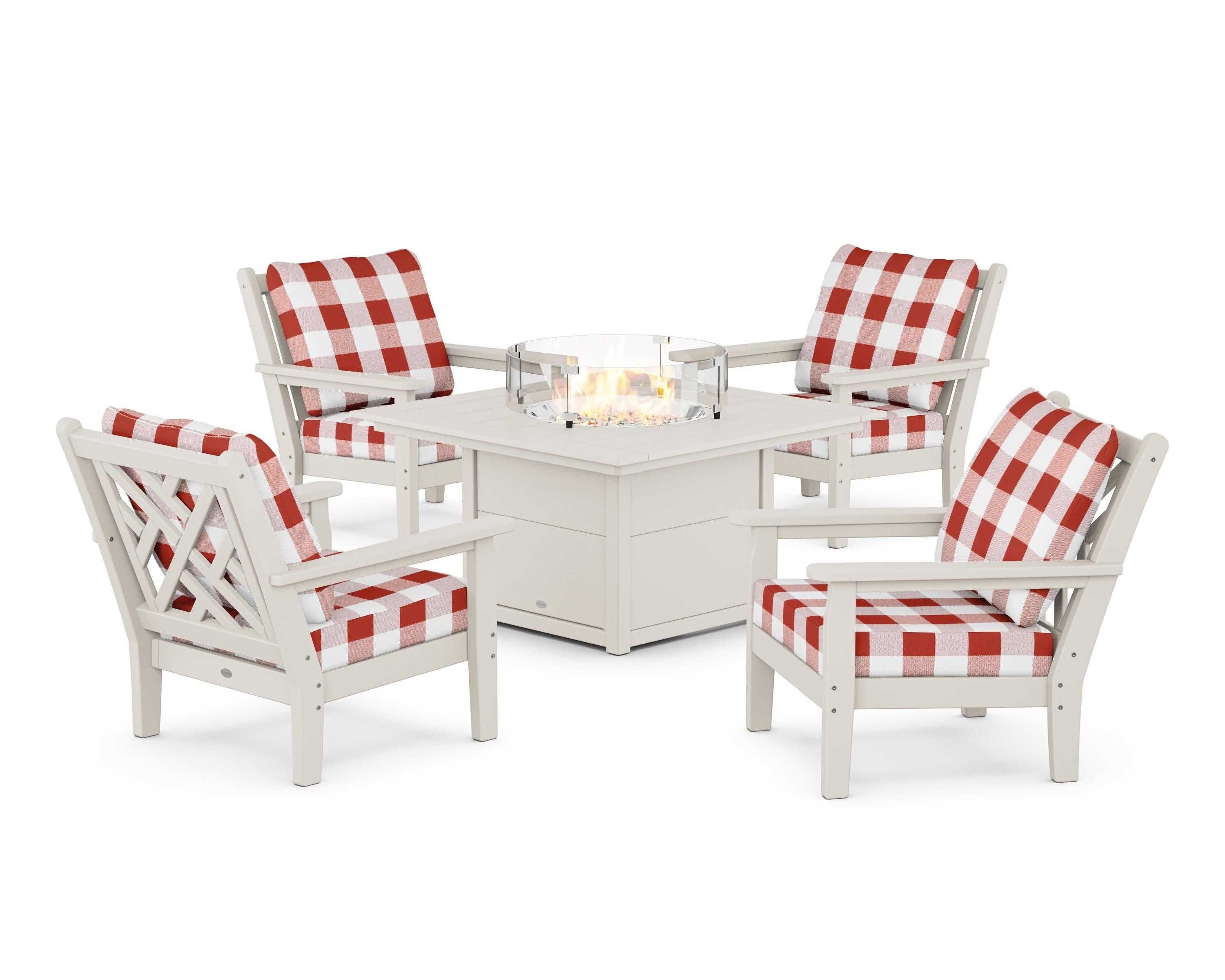 POLYWOOD® Chippendale 5-Piece Deep Seating Set with Fire Pit Table in Sand / Buffalo Plaid Crimson