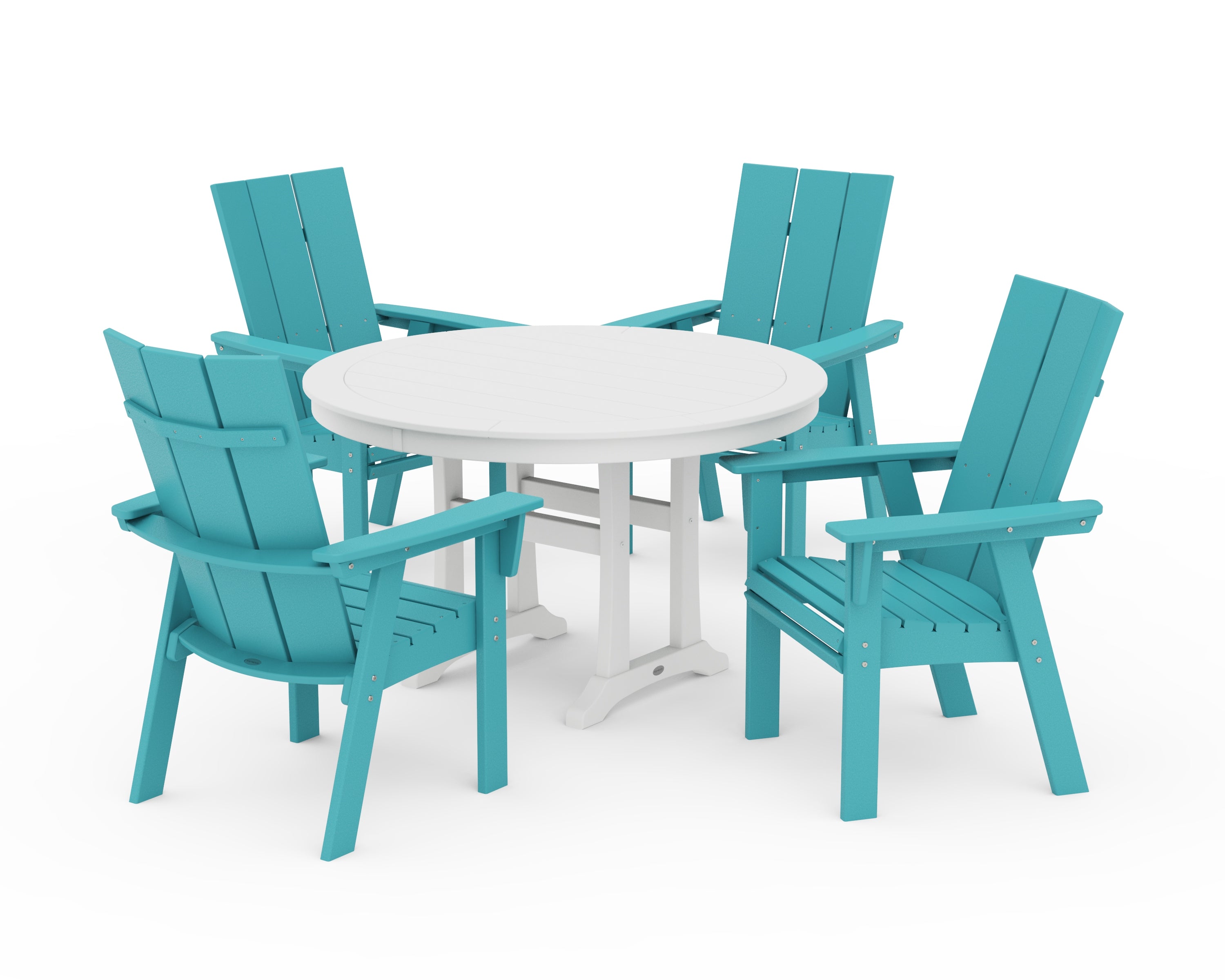POLYWOOD® Modern Curveback Adirondack 5-Piece Nautical Trestle Dining Set in Aruba / White