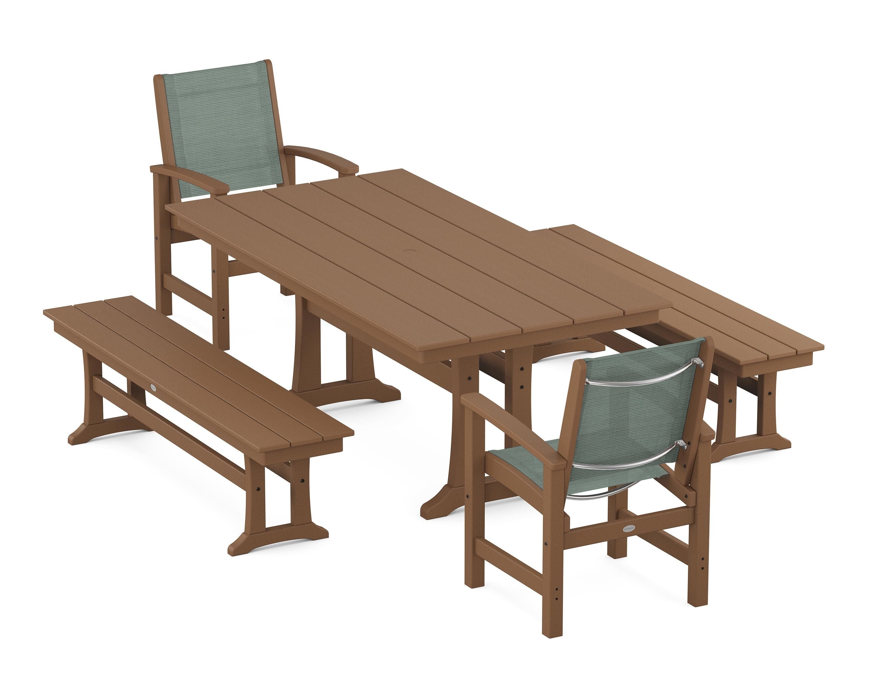 POLYWOOD® Coastal 5-Piece Farmhouse Dining Set with Trestle Legs and Benches in Teak / Dupioni Sea Mist Sling