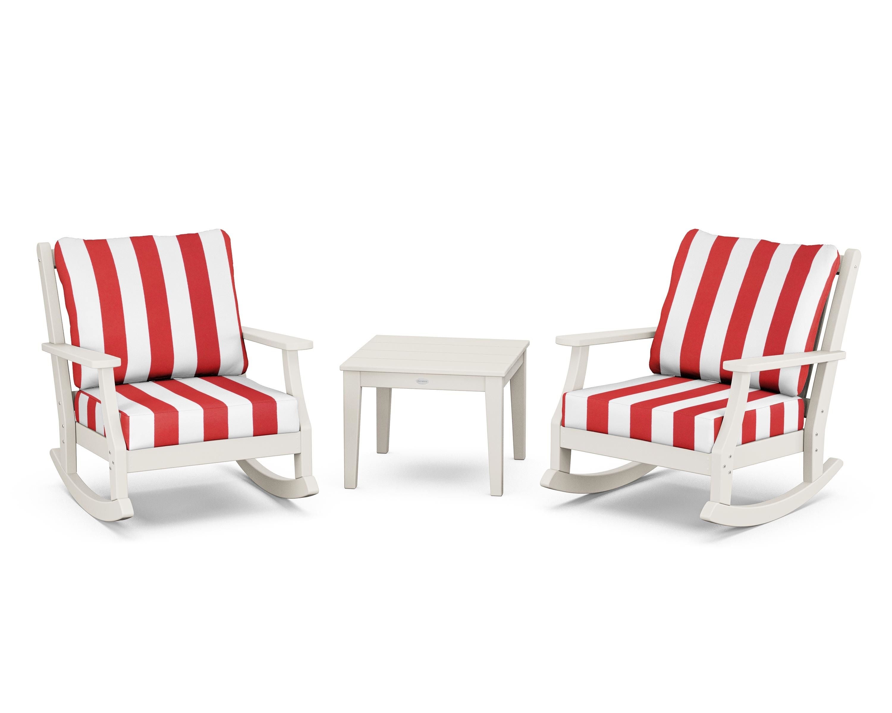 Country Living Wovendale 3-Piece Deep Seating Rocker Set in Sand / Cabana Stripe Crimson