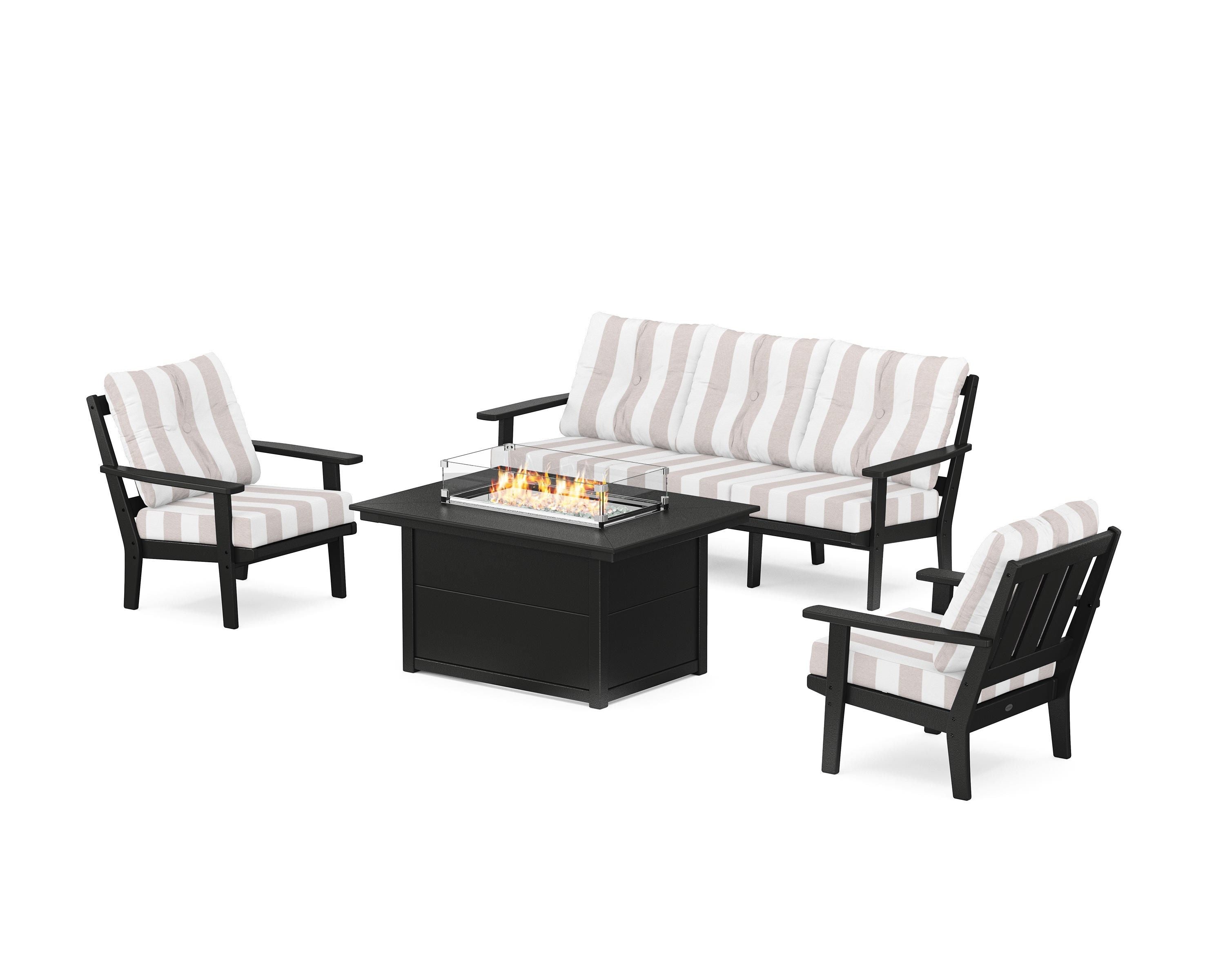 POLYWOOD® Oxford Deep Seating Fire Pit Table Set in Black / Cabana Stripe Dune Burlap