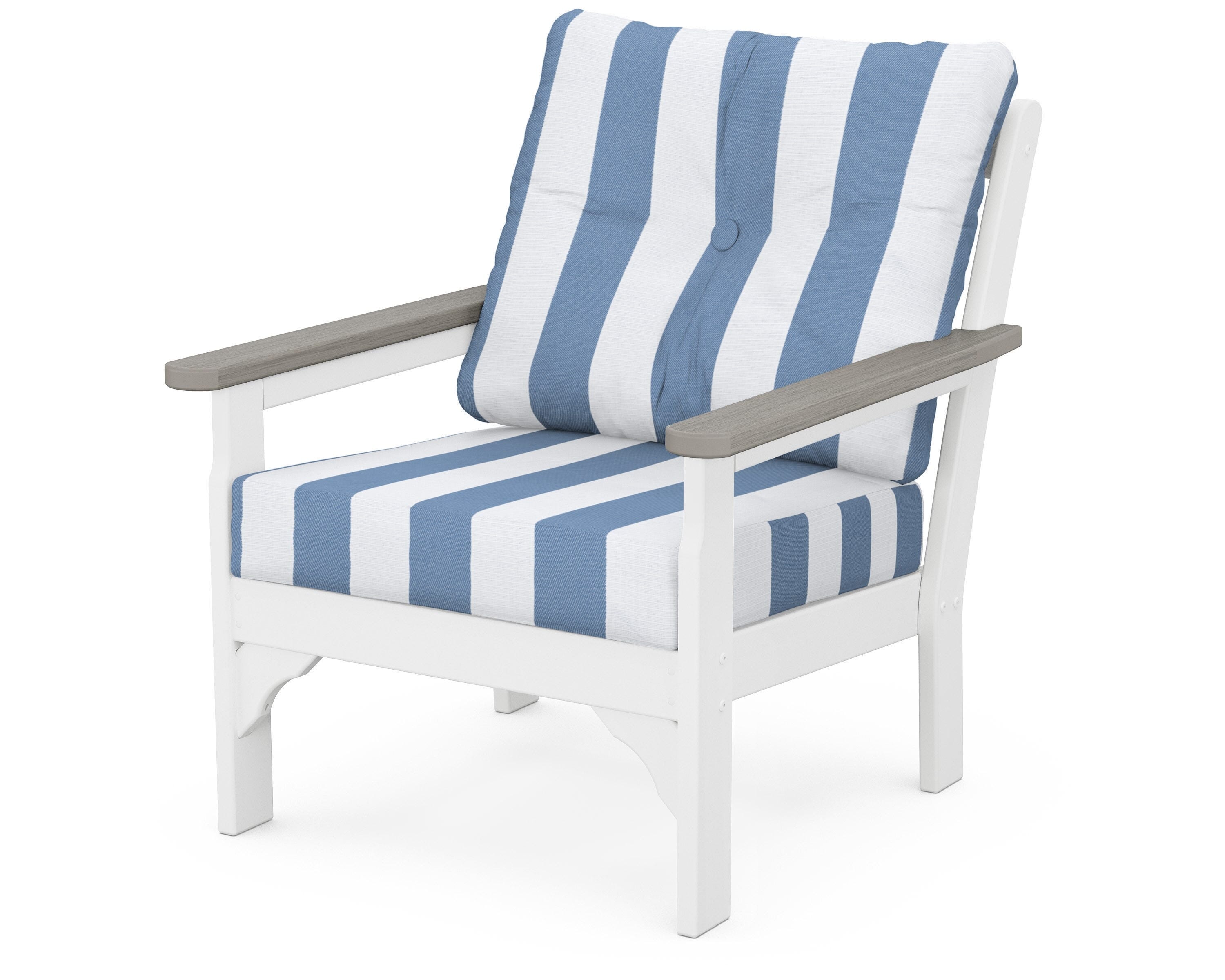 POLYWOOD® Vineyard Deep Seating Chair in White / Driftwood / Cabana Stripe Sky Blue