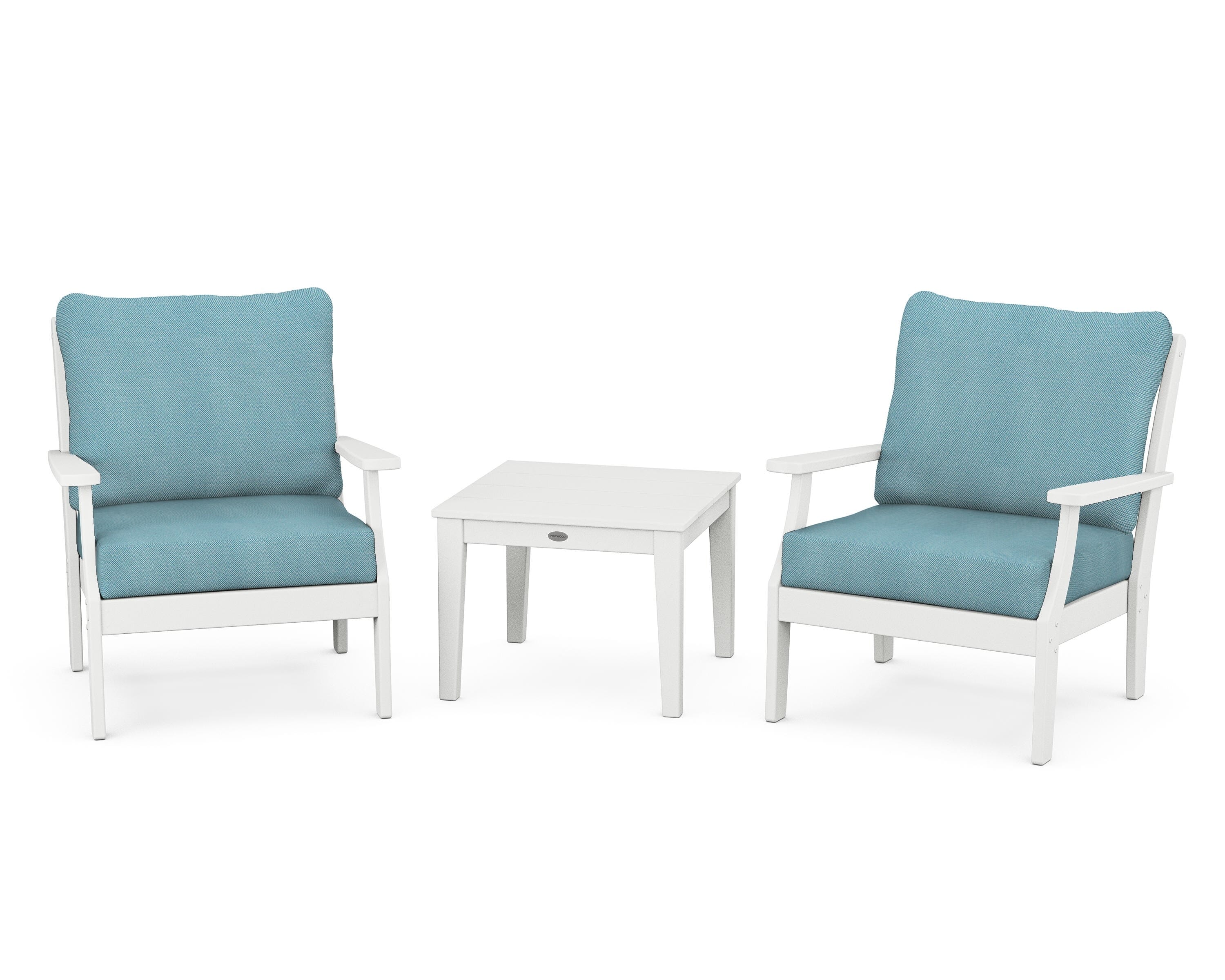 POLYWOOD® Braxton 3-Piece Deep Seating Set in White / Lattice Sky Blue