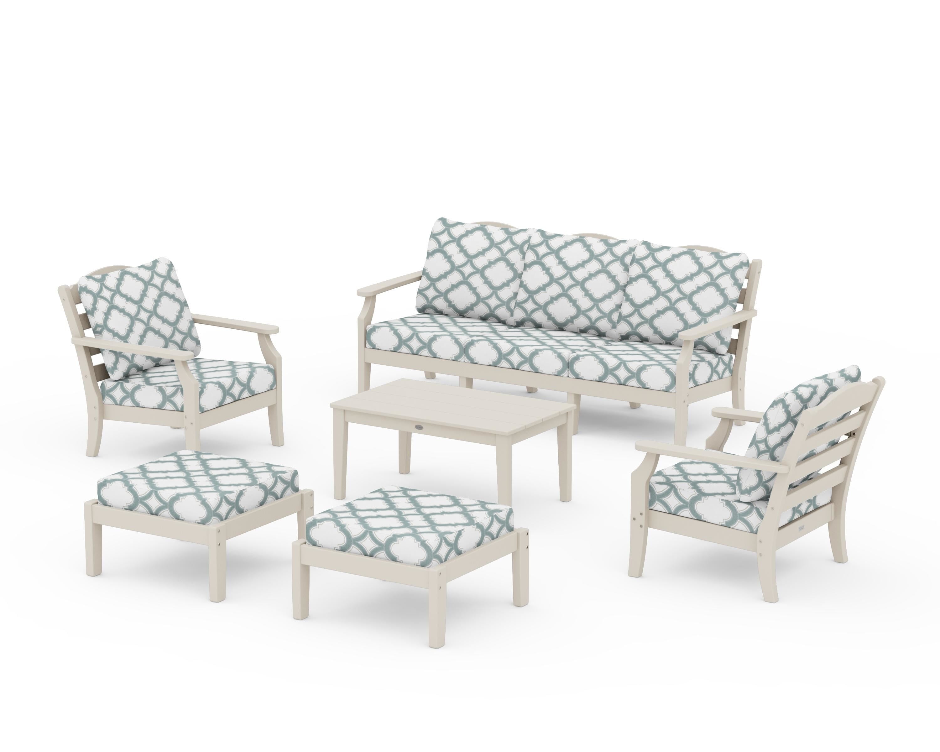 Draper James™ by POLYWOOD® Savannah 6-Piece Lounge Sofa Set in Sand / Trellis Glacier Spa