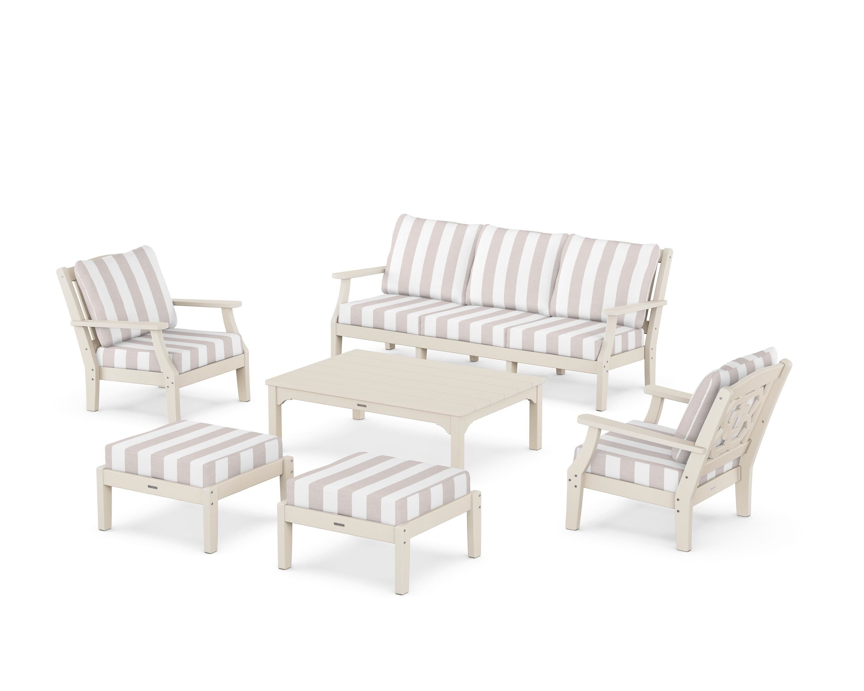 Martha Stewart by POLYWOOD® Chinoiserie 6-Piece Lounge Sofa Set in Sand / Cabana Stripe Dune Burlap
