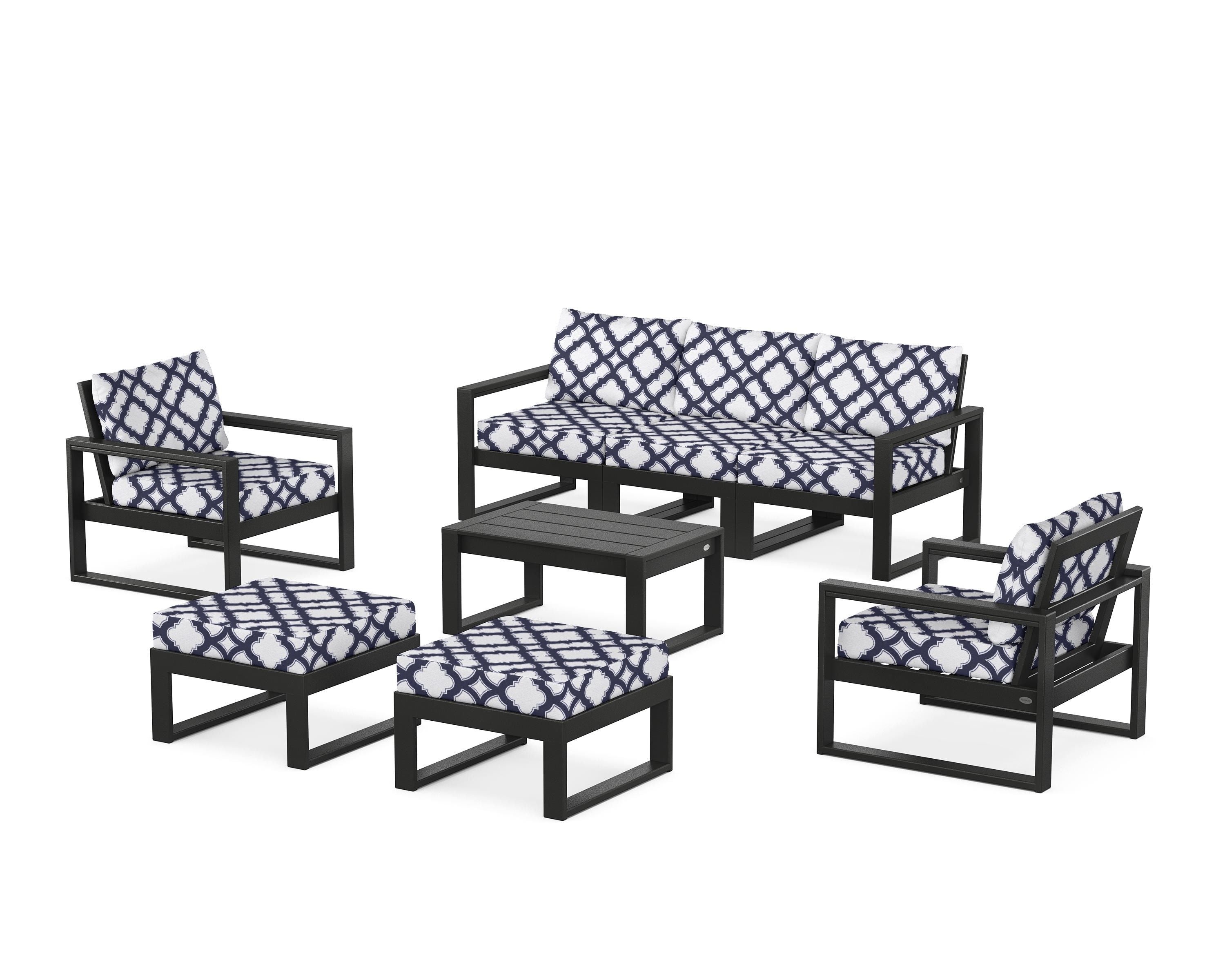 POLYWOOD® EDGE Sectional 8-Piece Lounge Sofa Set in Black / Trellis Navy