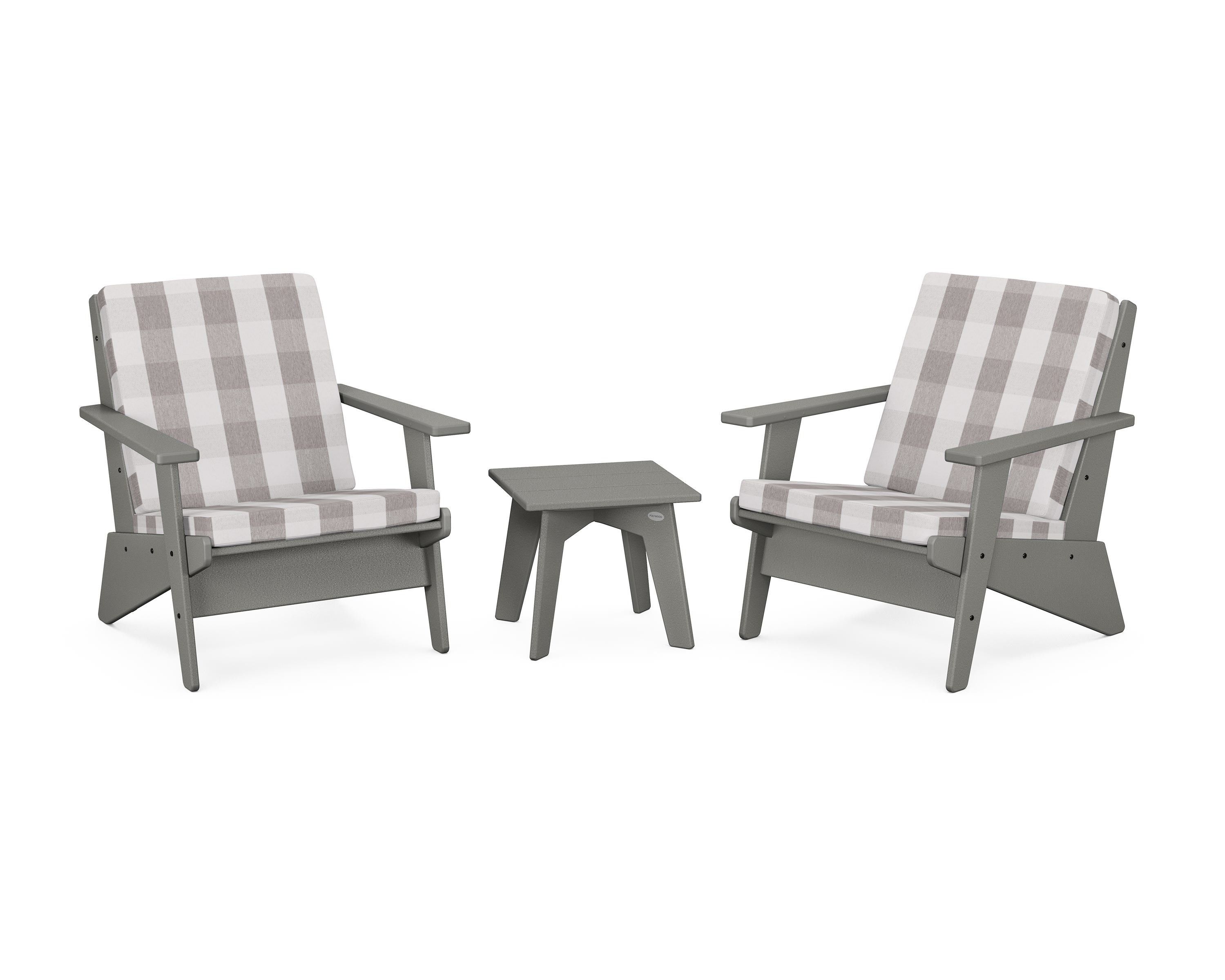 POLYWOOD® Riviera Modern Lounge 3-Piece Set in Slate Grey / Buffalo Plaid Grey Mist