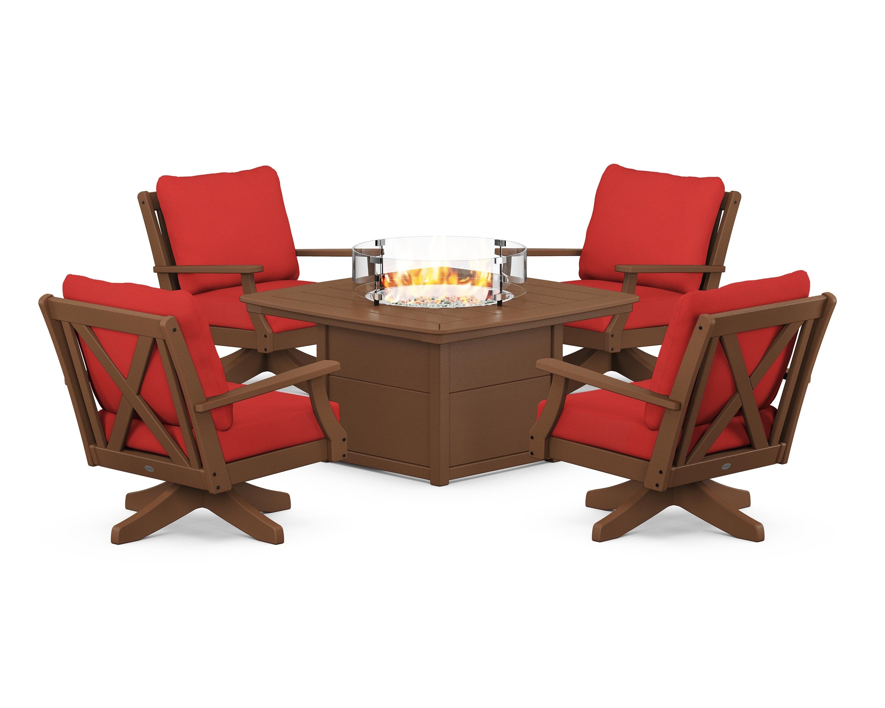 POLYWOOD® Braxton 5-Piece Deep Seating Swivel Conversation Set with Fire Pit Table in Teak / Crimson Linen