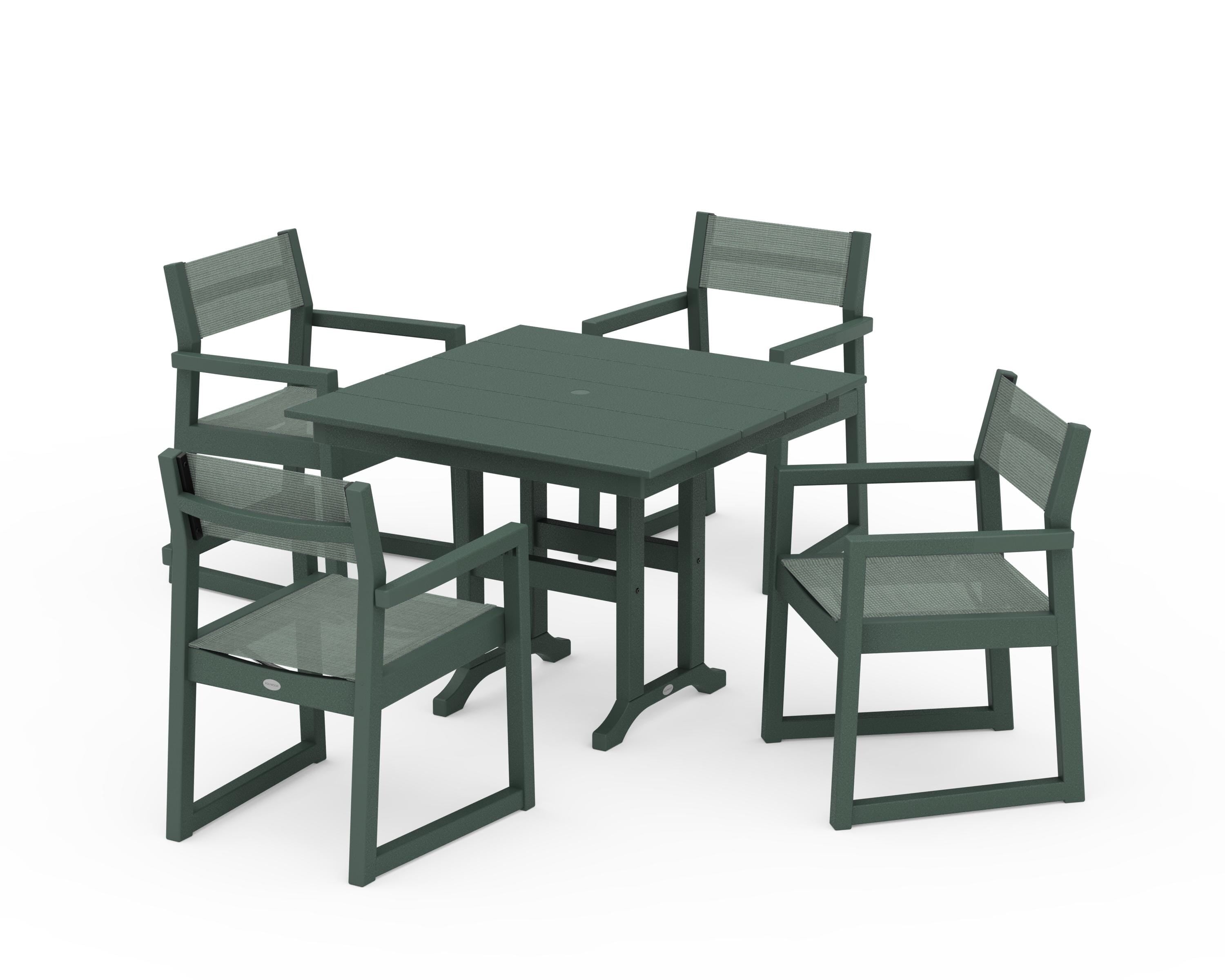 POLYWOOD® EDGE Sling Arm Chair 5-Piece Farmhouse Dining Set in Green / Dupioni Sea Mist Sling