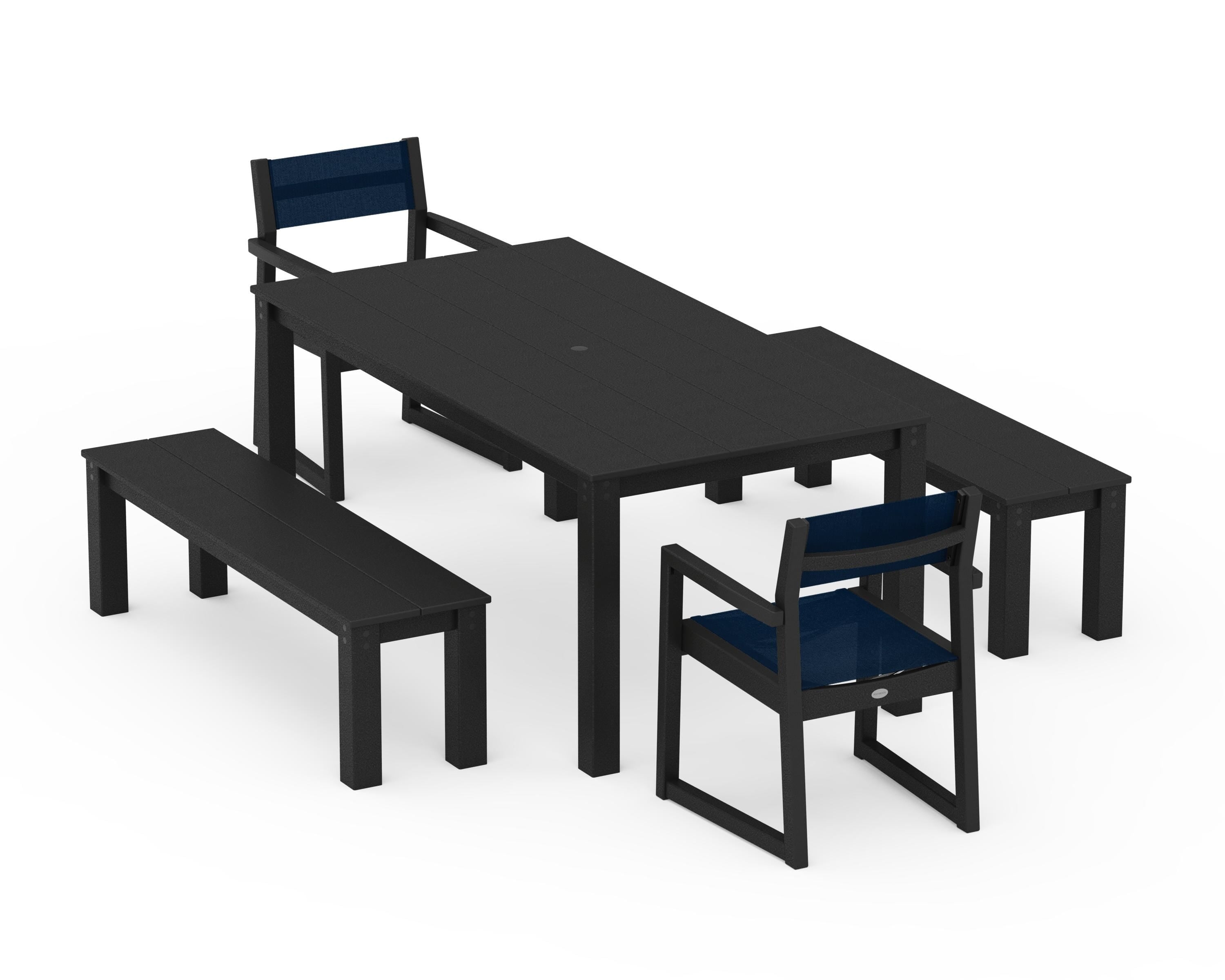 POLYWOOD® EDGE Sling Arm Chair 5-Piece Parsons Dining Set with Benches in Black / Navy Blue Sling