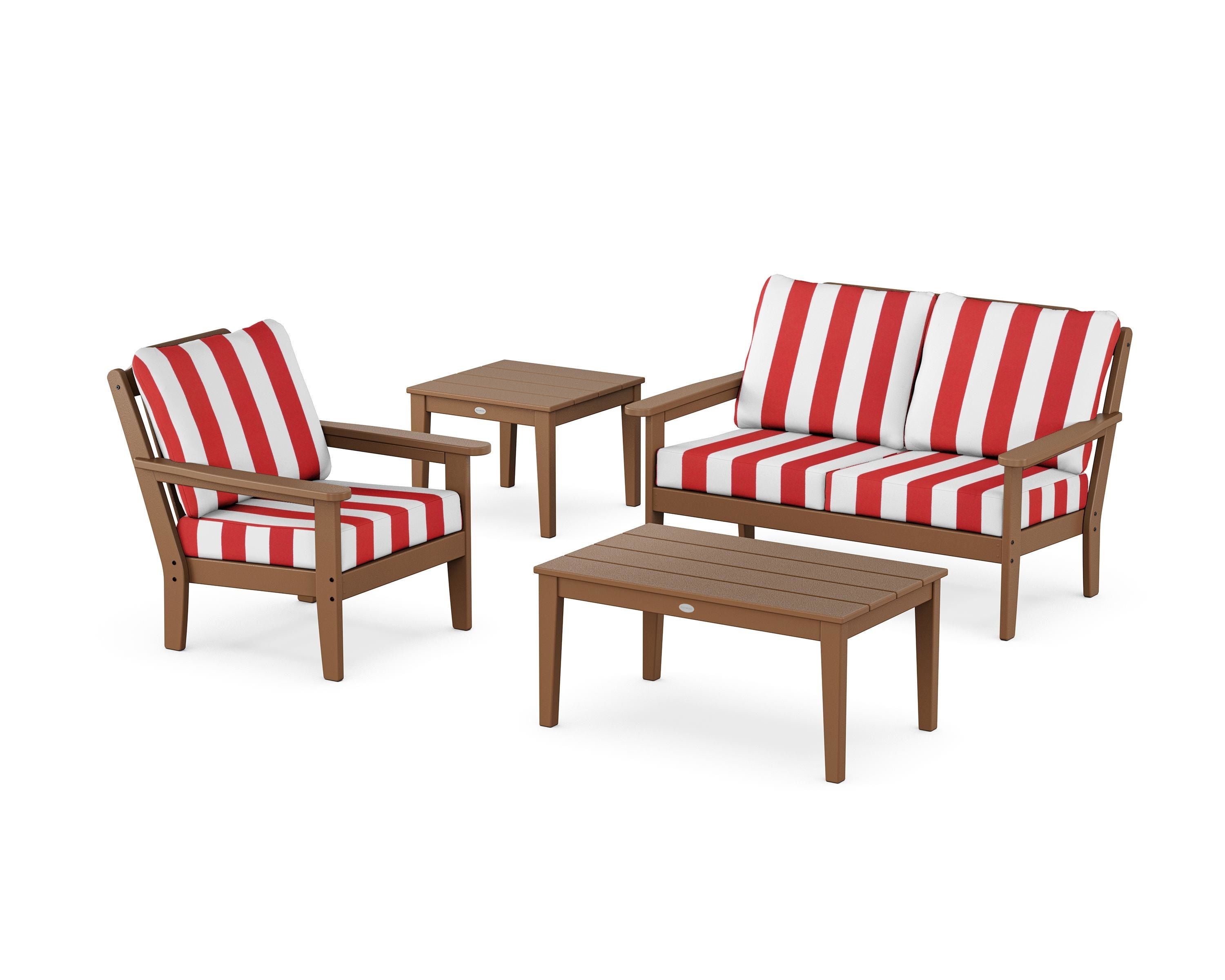 Country Living Wovendale 4-Piece Deep Seating Set in Teak / Cabana Stripe Crimson