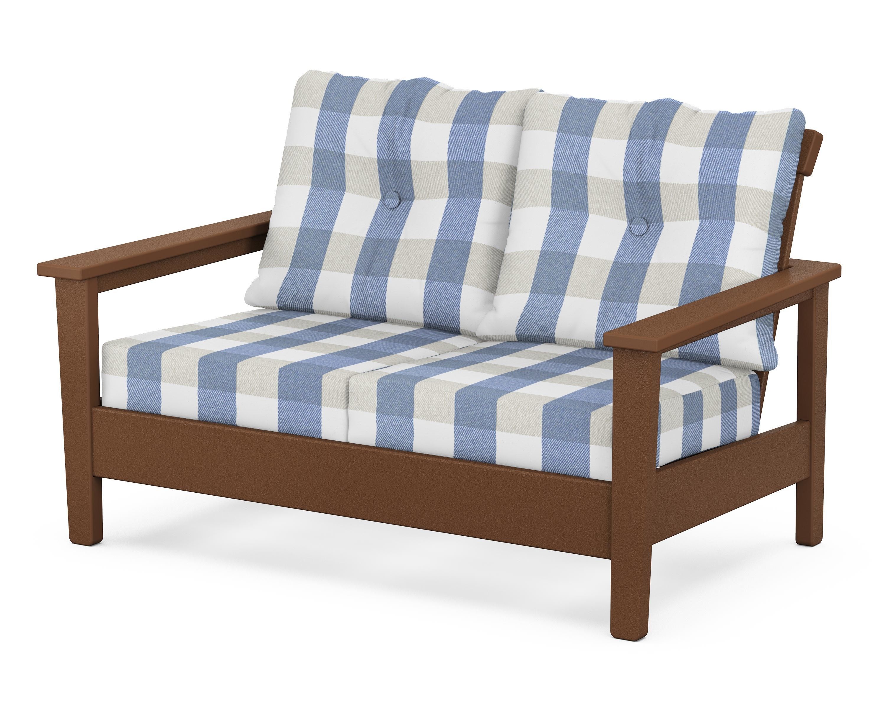 POLYWOOD® Prescott Deep Seating Loveseat in Teak / Buffalo Plaid Sky Blue
