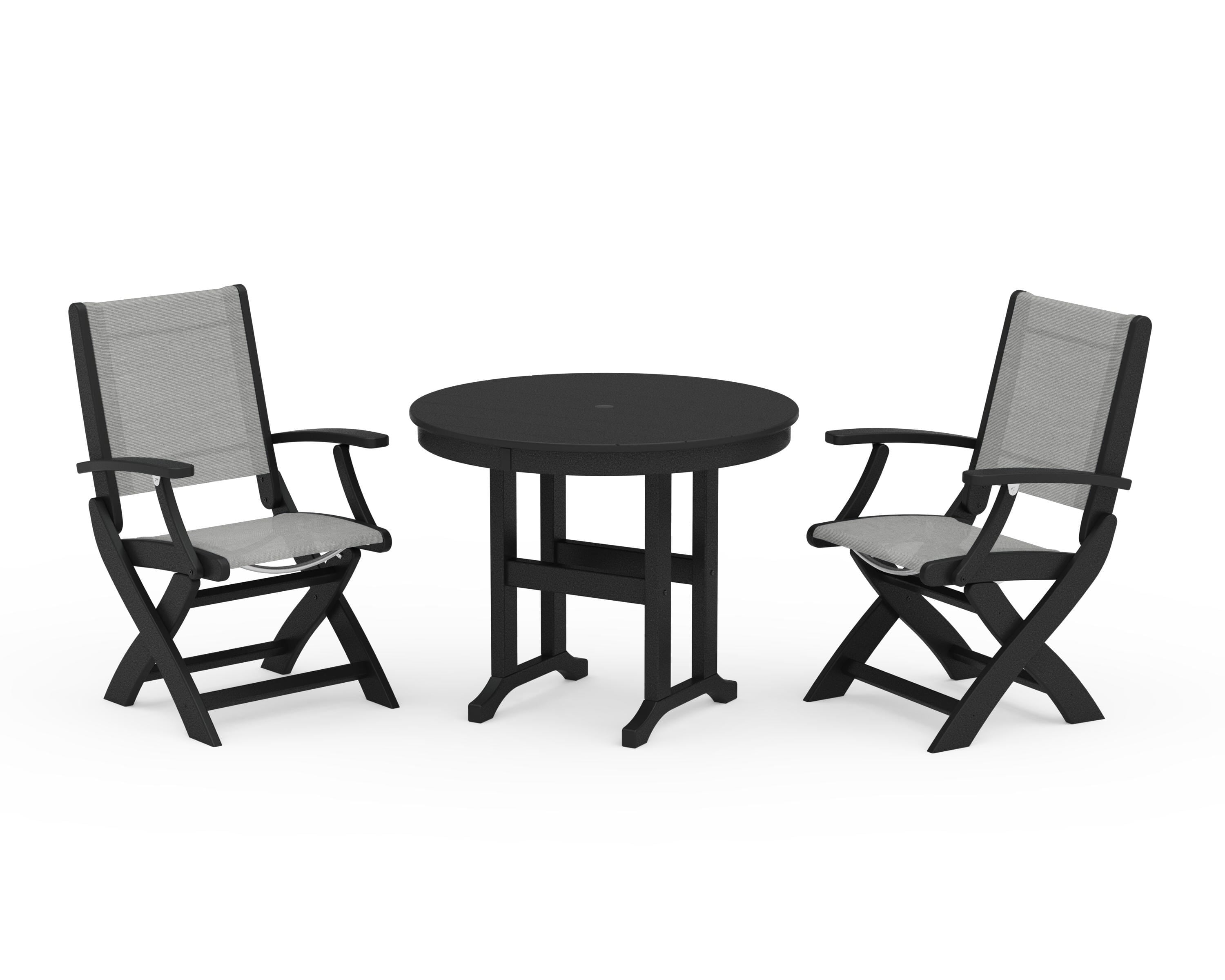 POLYWOOD® Coastal Folding Chair 3-Piece Round Dining Set in Black / Metallic Sling