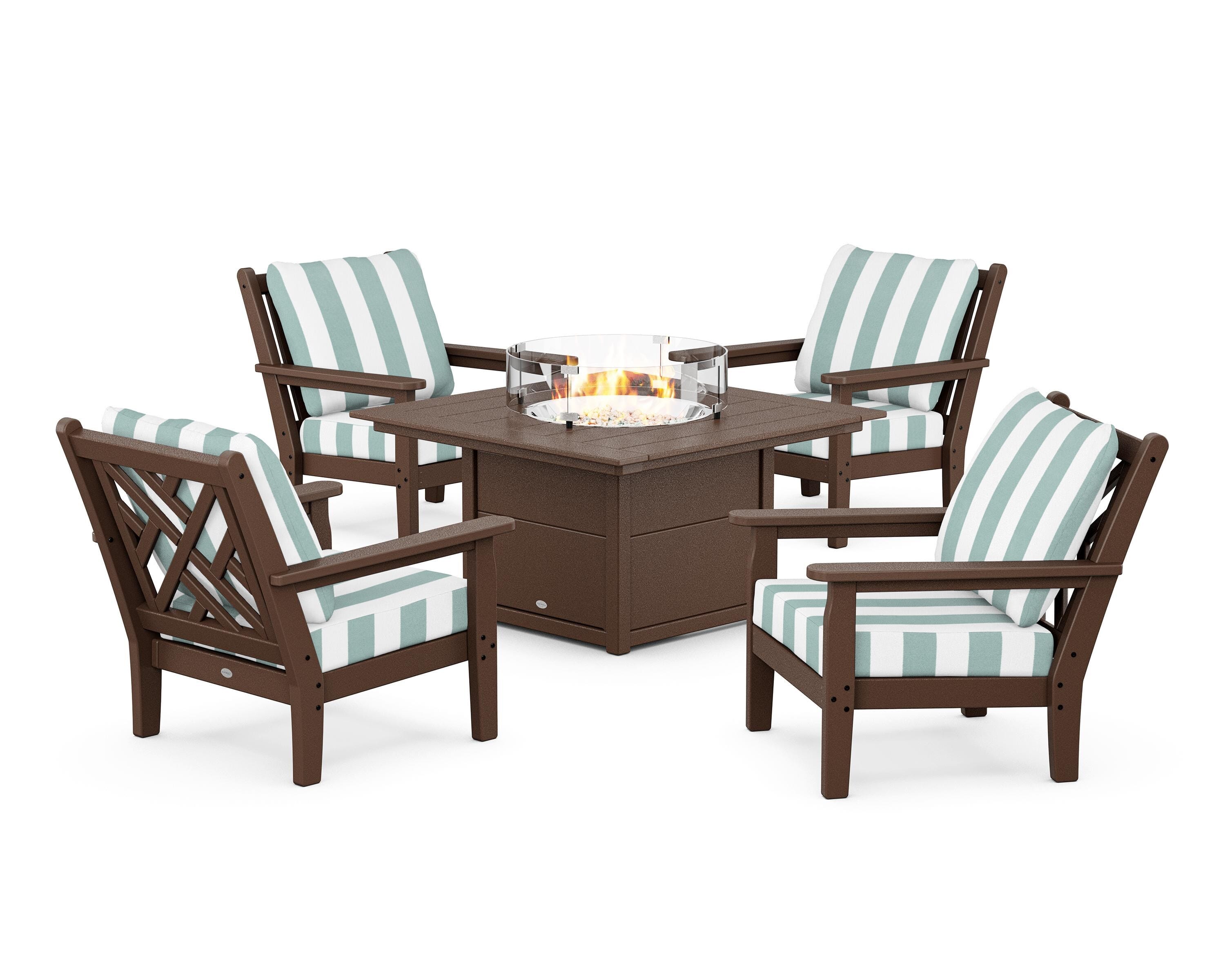 POLYWOOD® Chippendale 5-Piece Deep Seating Set with Fire Pit Table in Mahogany / Cabana Stripe Glacier Spa