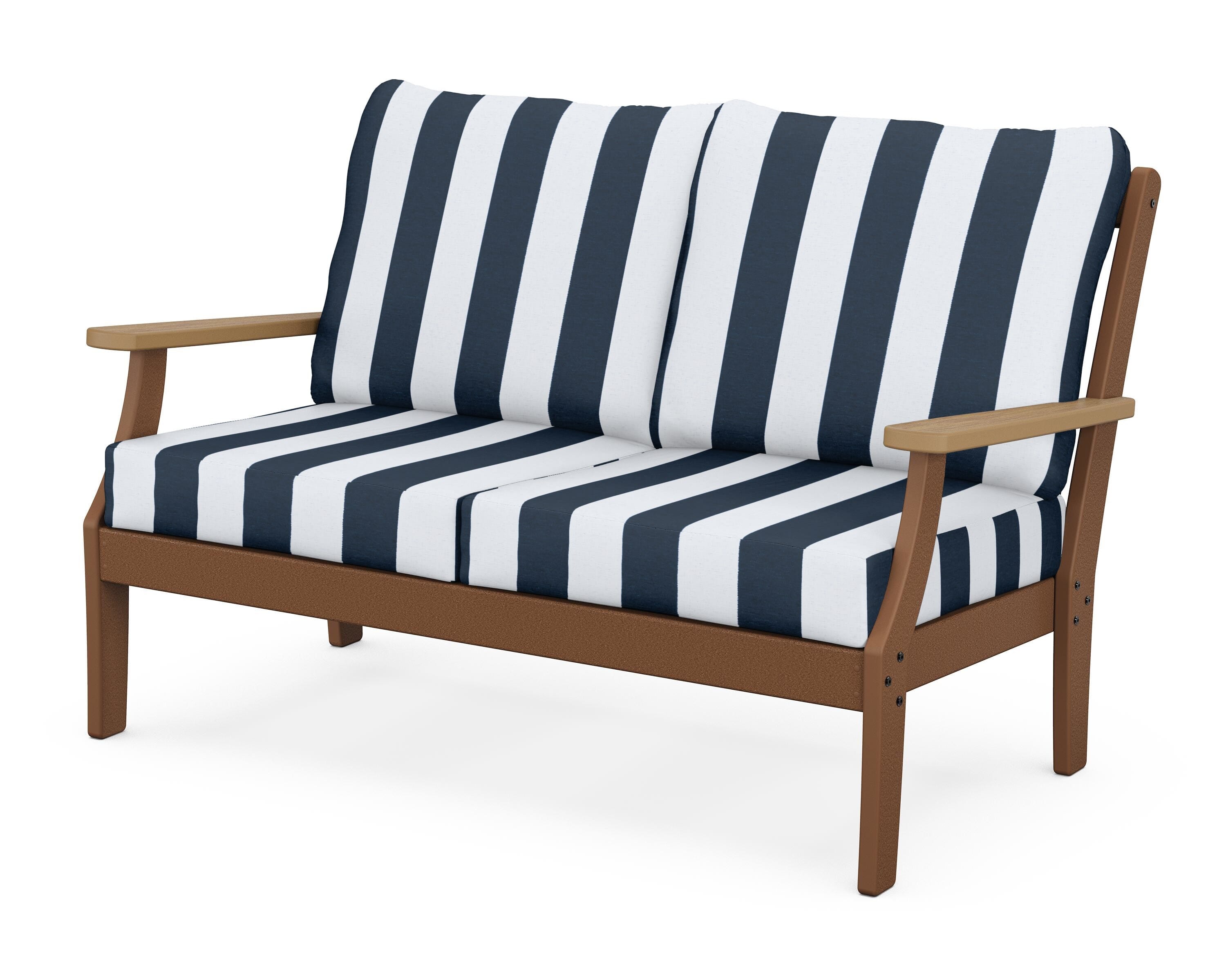 POLYWOOD® Braxton Deep Seating Loveseat in Teak / Natural / Cabana Stripe Marine Indigo