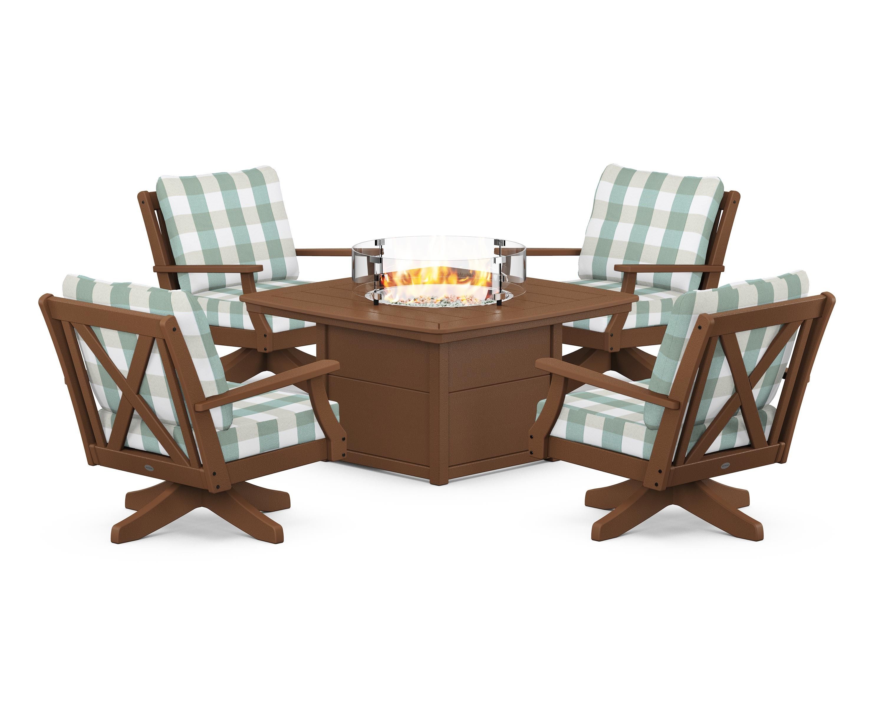 POLYWOOD® Braxton 5-Piece Deep Seating Swivel Conversation Set with Fire Pit Table in Teak / Buffalo Plaid Glacier Spa