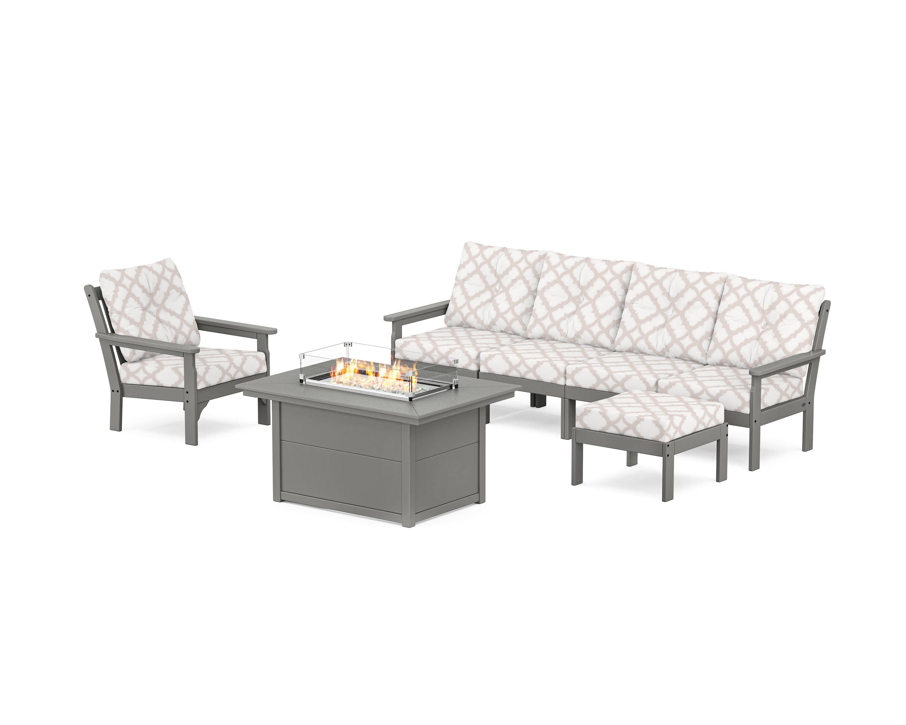 POLYWOOD® Vineyard Sectional Lounge and Fire Pit Set in Slate Grey / Trellis Dune Burlap