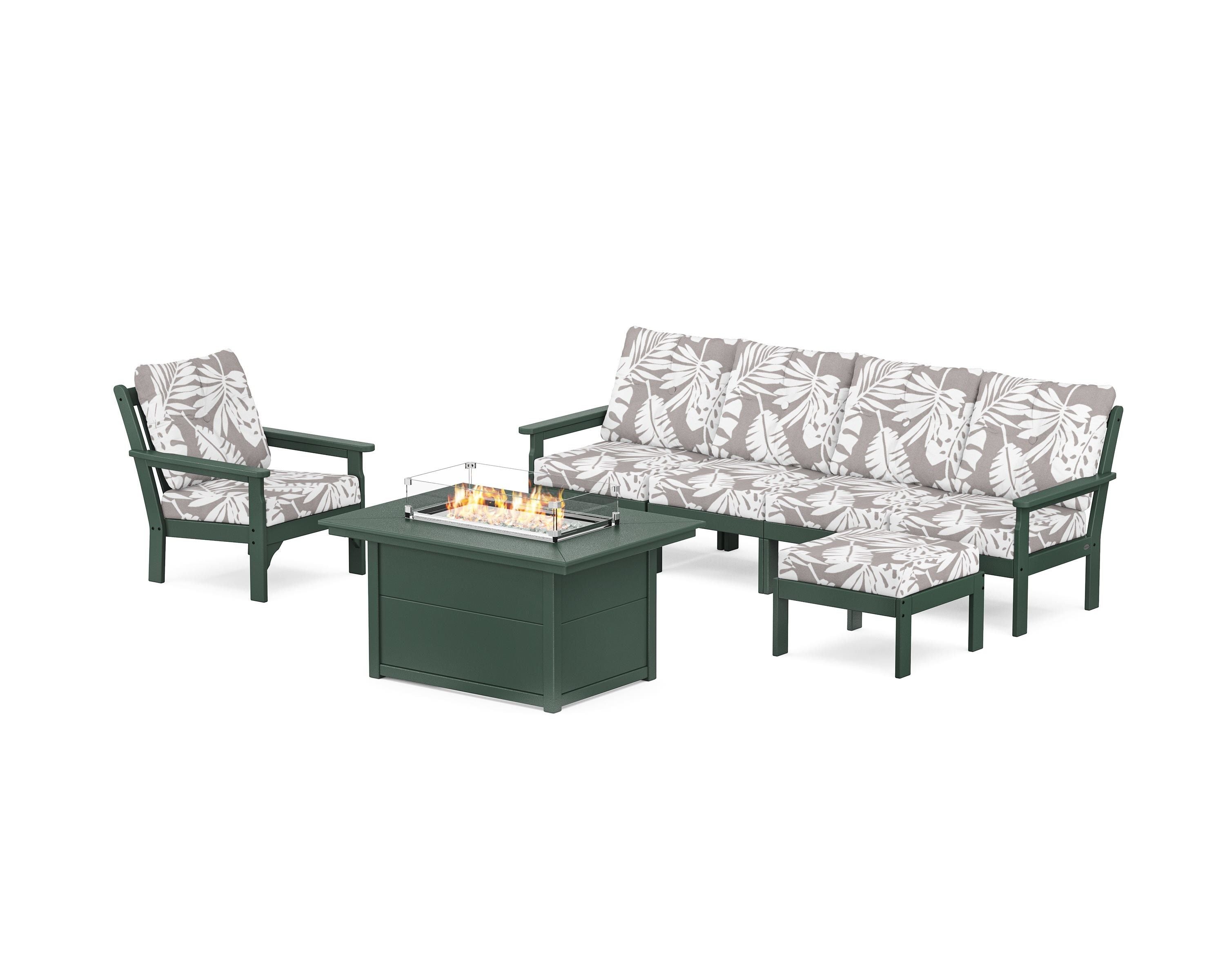 POLYWOOD® Vineyard Sectional Lounge and Fire Pit Set in Green / Leaf Grey Mist