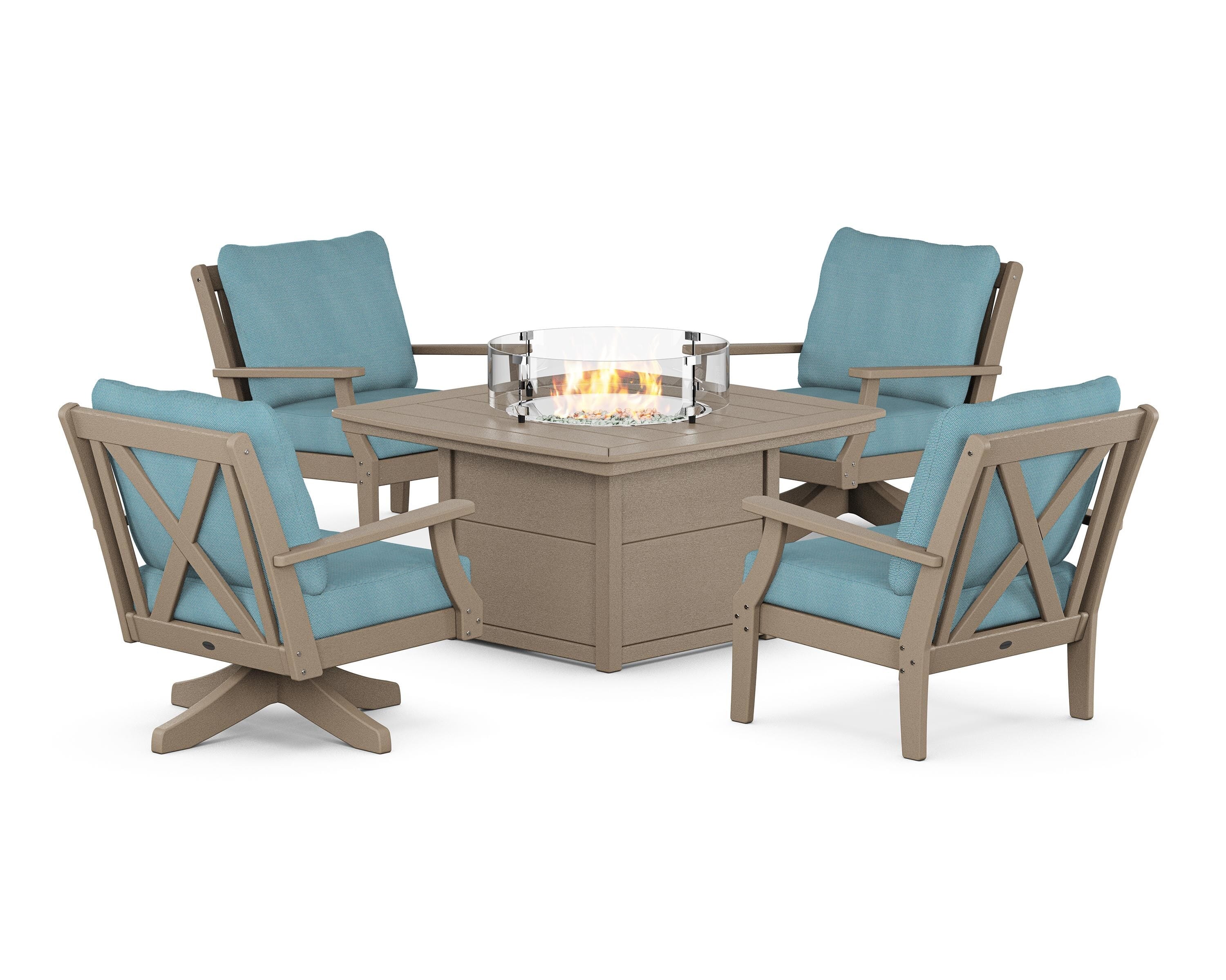 POLYWOOD® Braxton 5-Piece Deep Seating Set with Fire Table in Vintage Sahara / Lattice Sky Blue