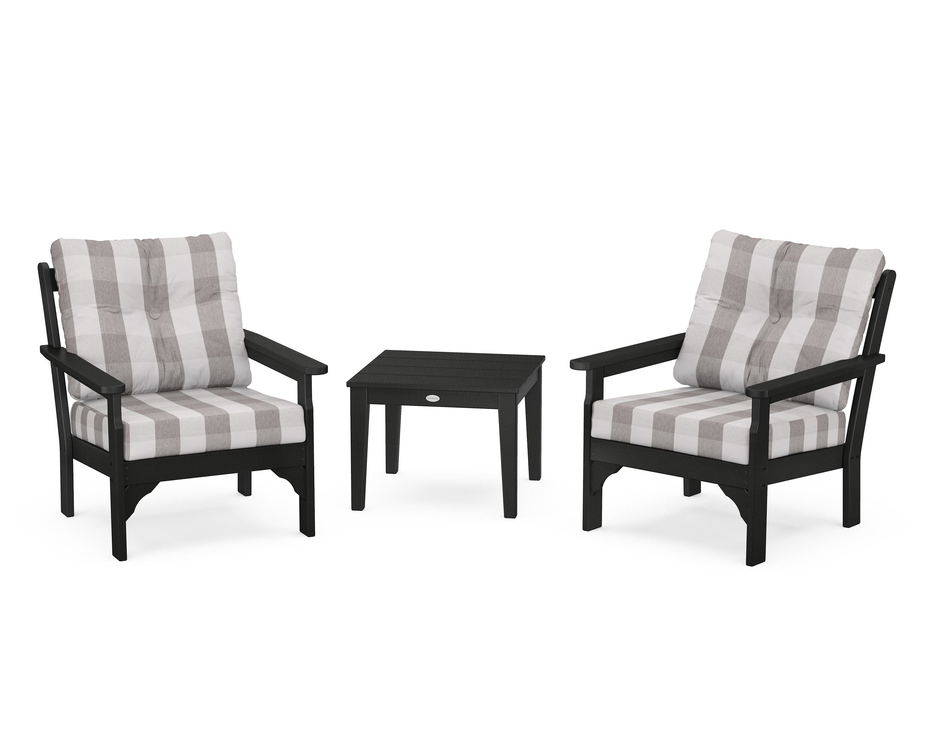 POLYWOOD® Vineyard 3-Piece Deep Seating Set in Black / Buffalo Plaid Grey Mist