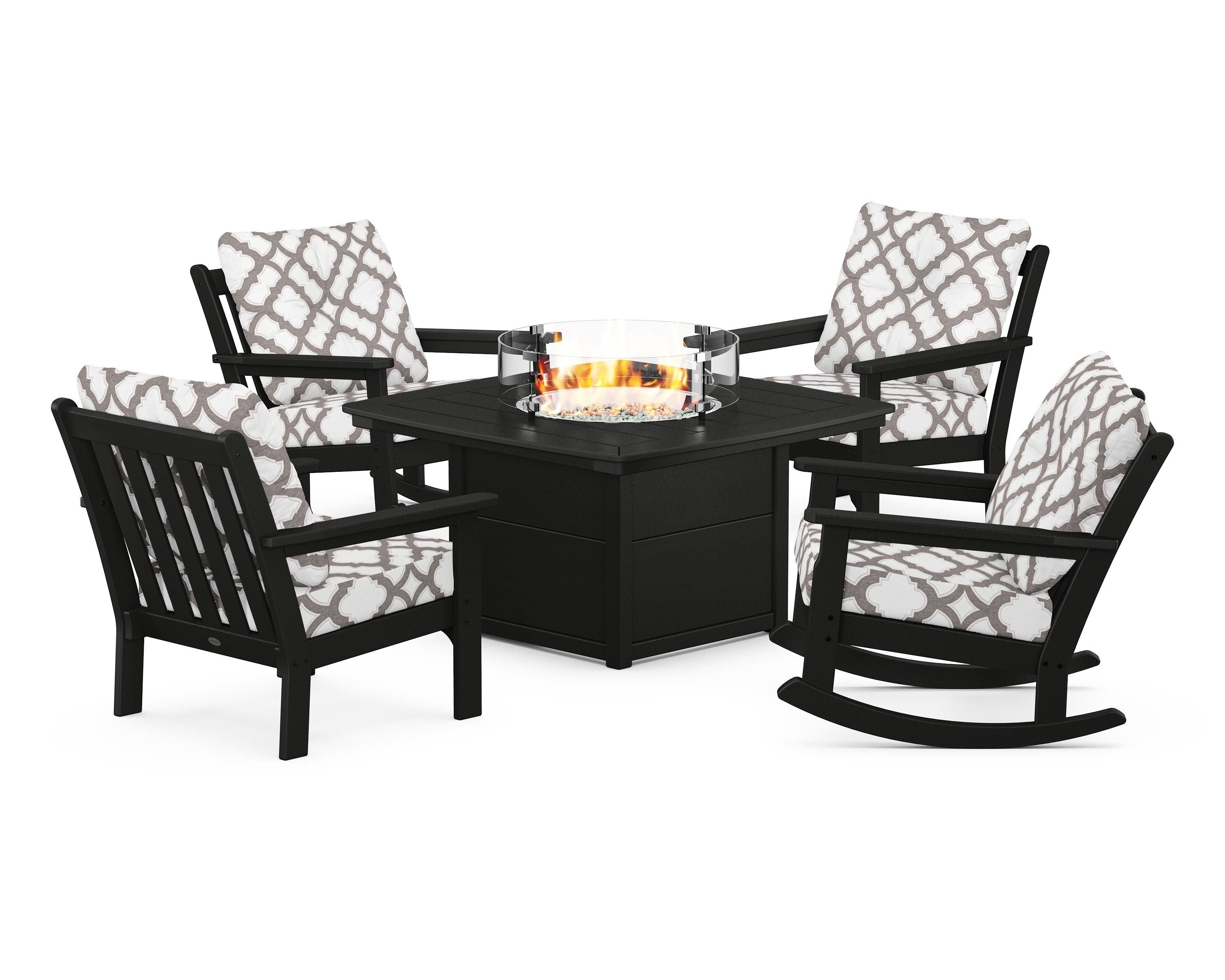 POLYWOOD® Vineyard 5-Piece Deep Seating Rocking Chair Conversation Set with Fire Pit Table in Black / Trellis Grey Mist