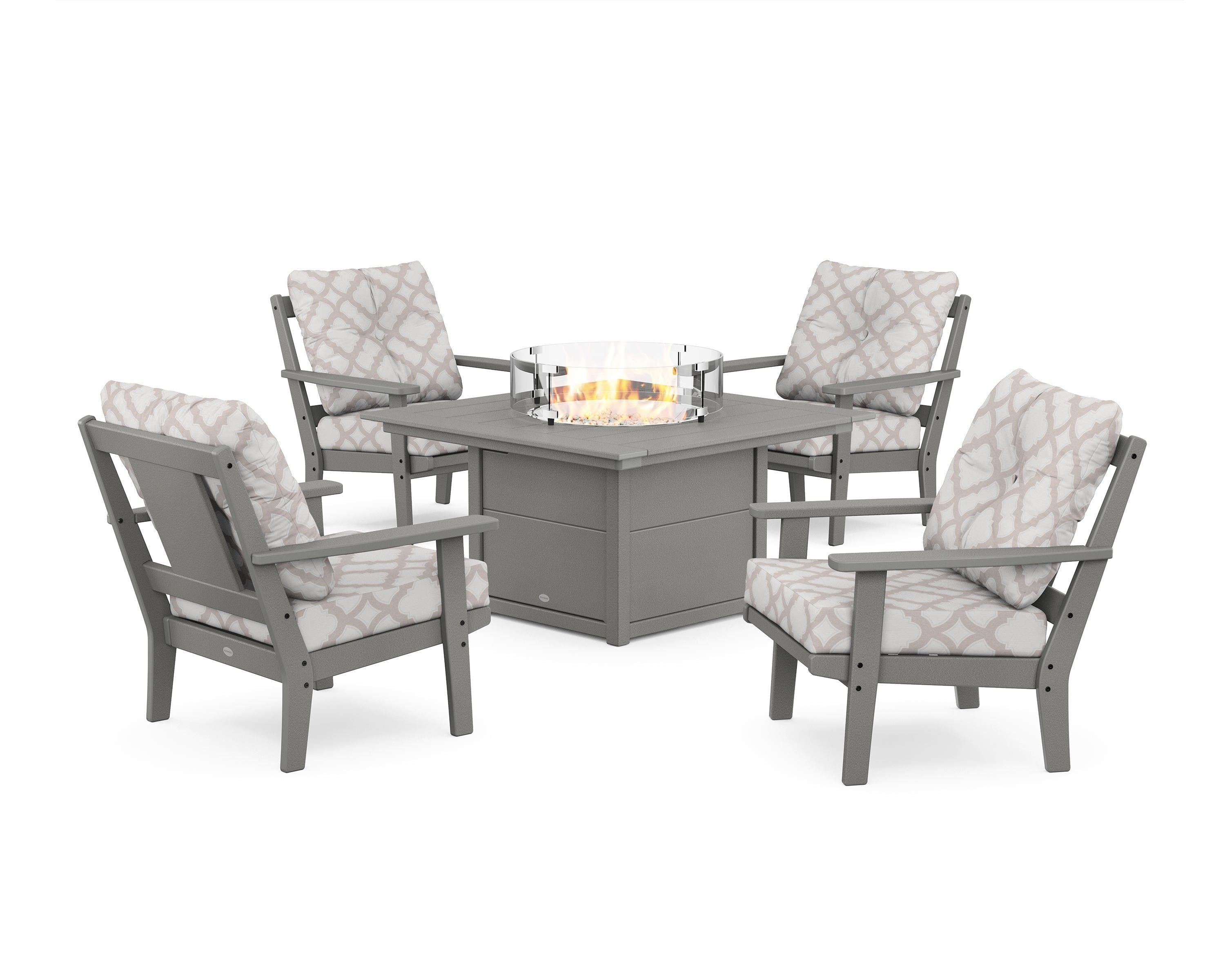 POLYWOOD® Prairie 5-Piece Deep Seating Set with Fire Pit Table in Slate Grey / Trellis Dune Burlap
