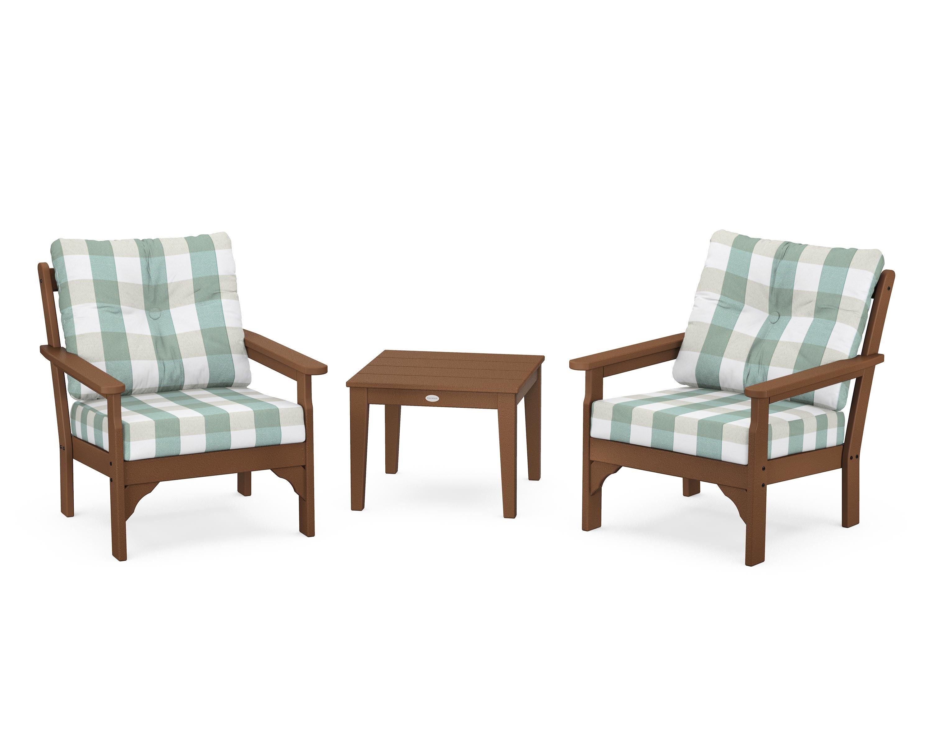 POLYWOOD® Vineyard 3-Piece Deep Seating Set in Teak / Buffalo Plaid Glacier Spa