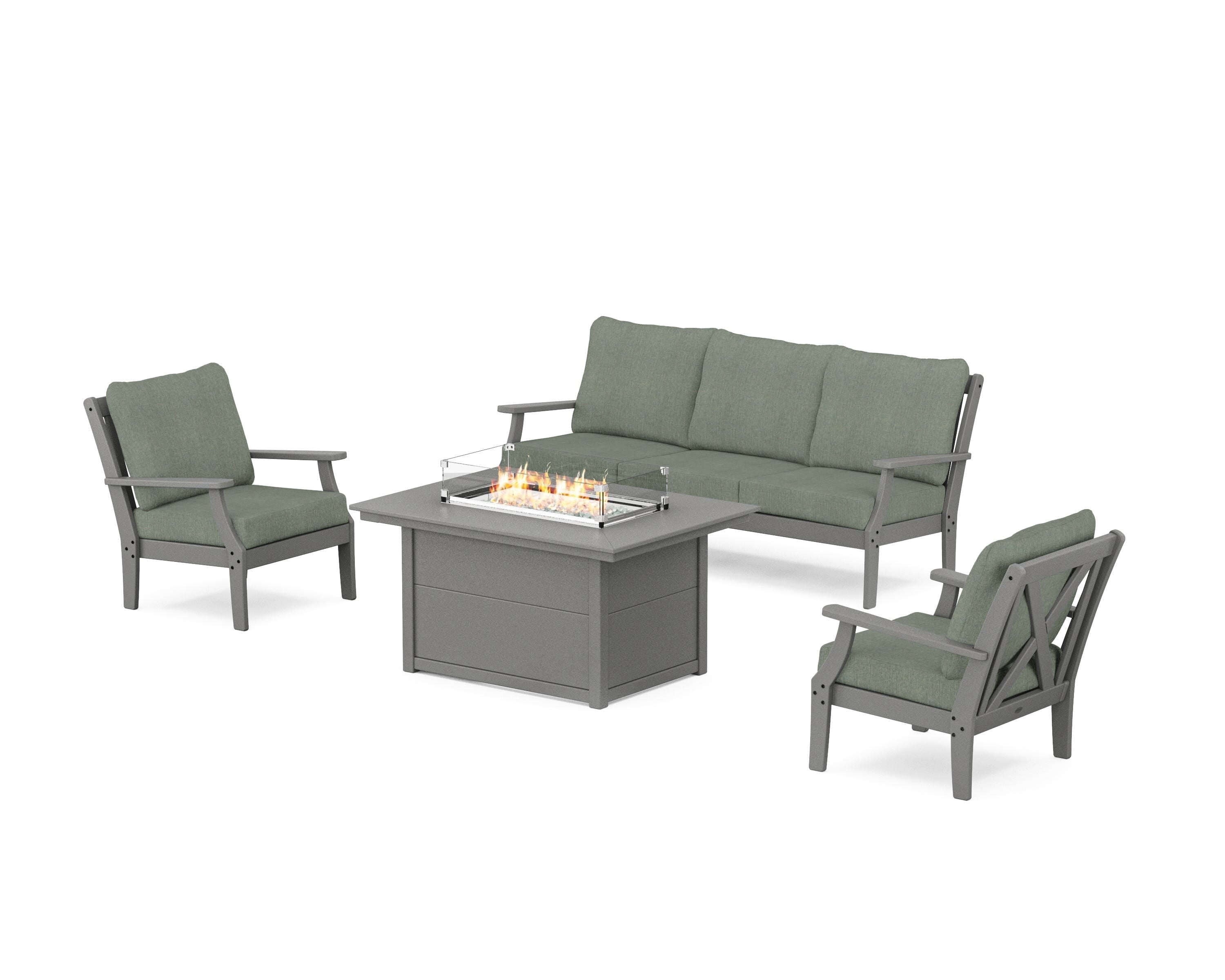 POLYWOOD® Braxton Deep Seating Fire Pit Table Set in Slate Grey / Cast Sage