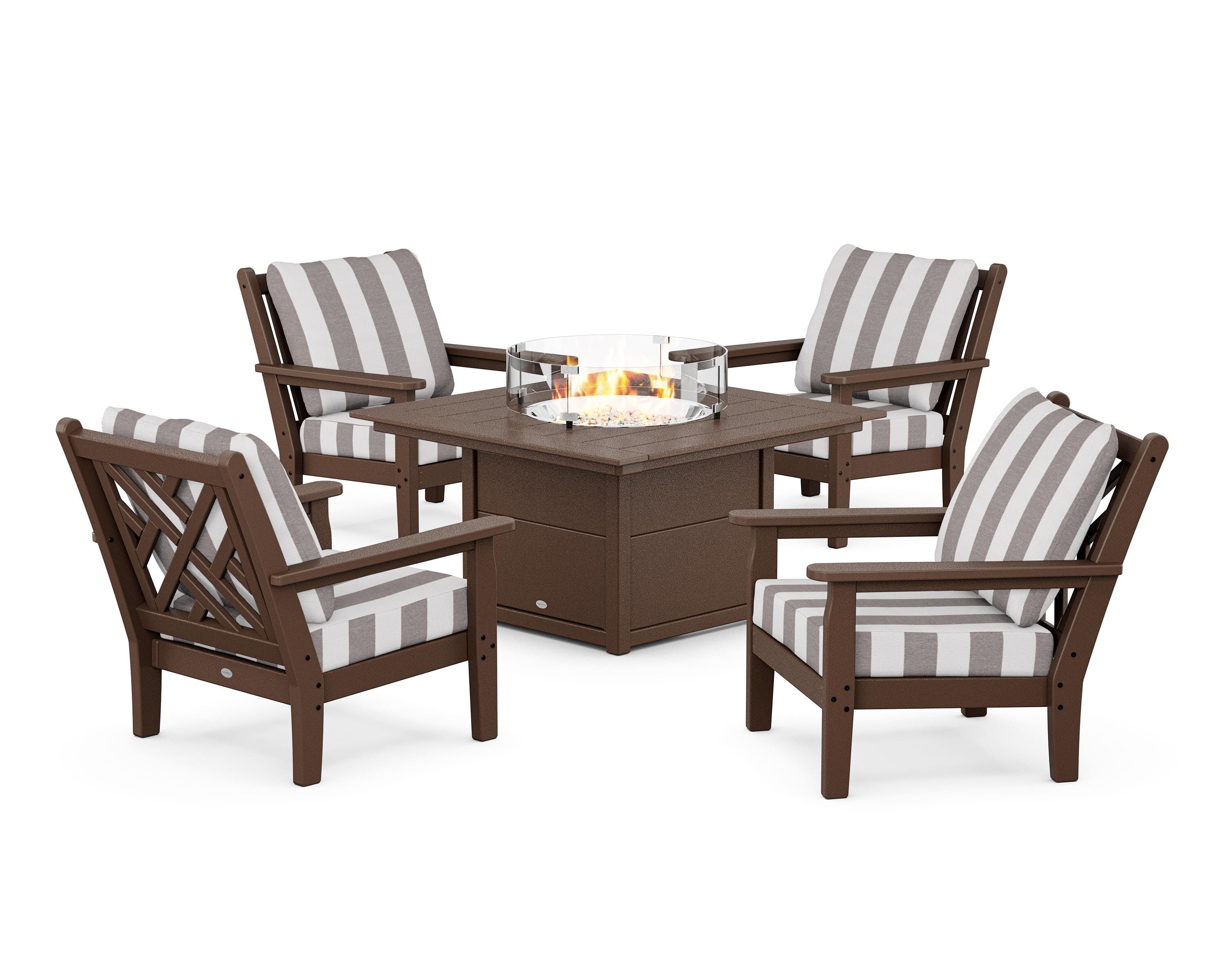 POLYWOOD® Chippendale 5-Piece Deep Seating Set with Fire Pit Table in Mahogany / Cabana Stripe Grey Mist