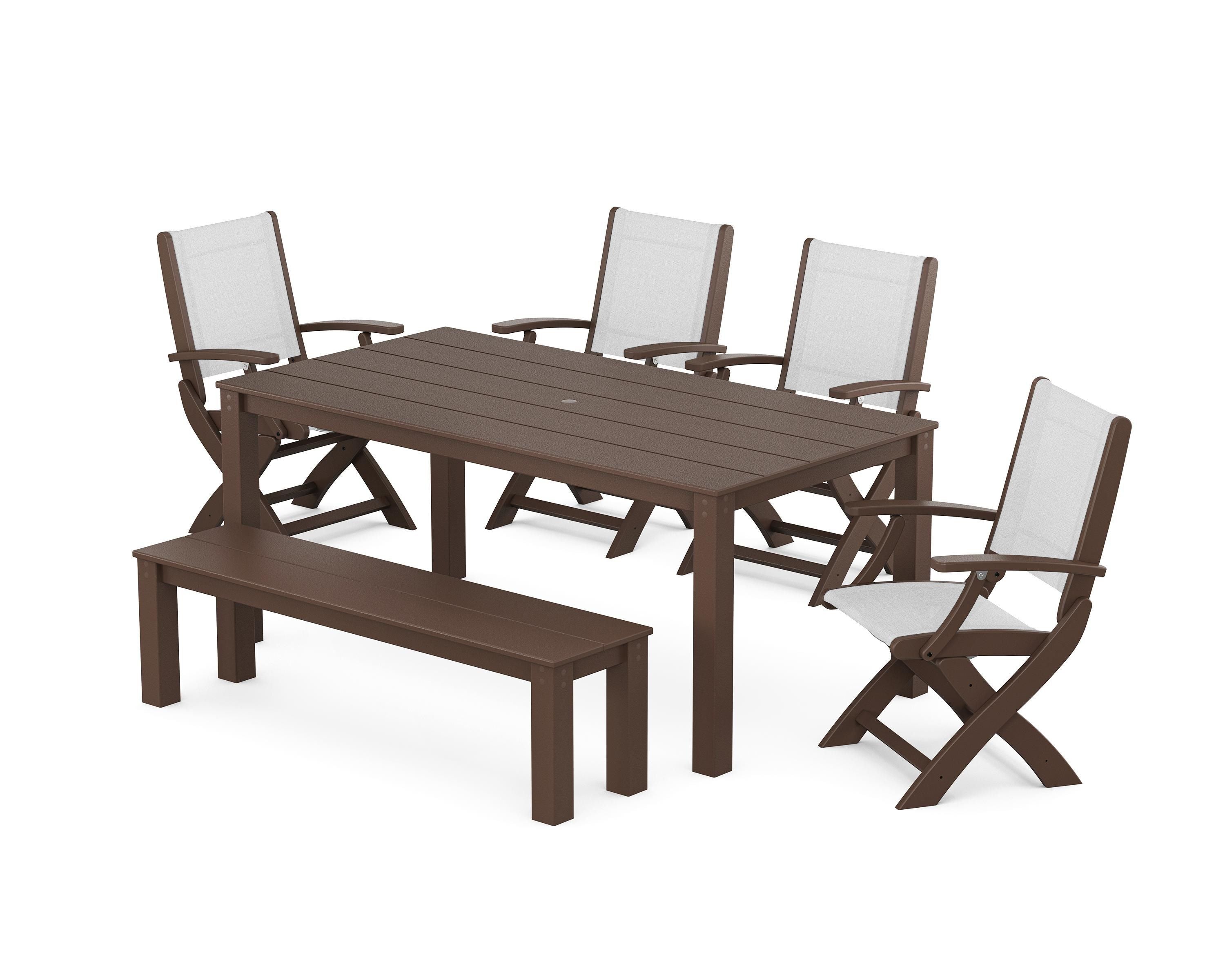 POLYWOOD® Coastal Folding Chair 6-Piece Parsons Dining Set with Bench in Mahogany / White Sling
