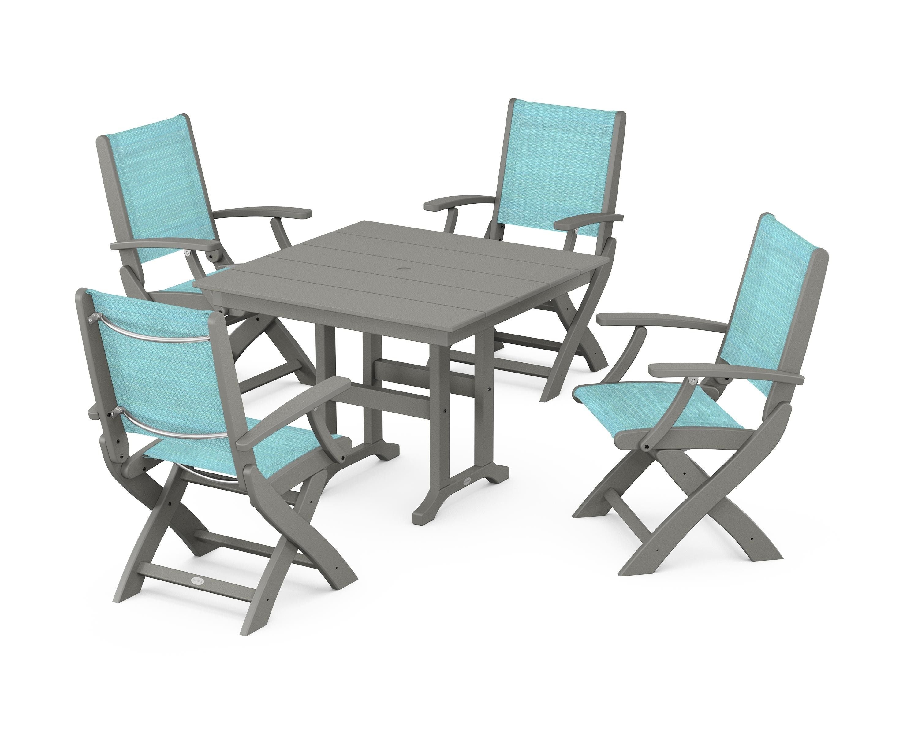POLYWOOD® Coastal Folding Chair 5-Piece Farmhouse Dining Set in Slate Grey / Dupioni Aquamarine Sling