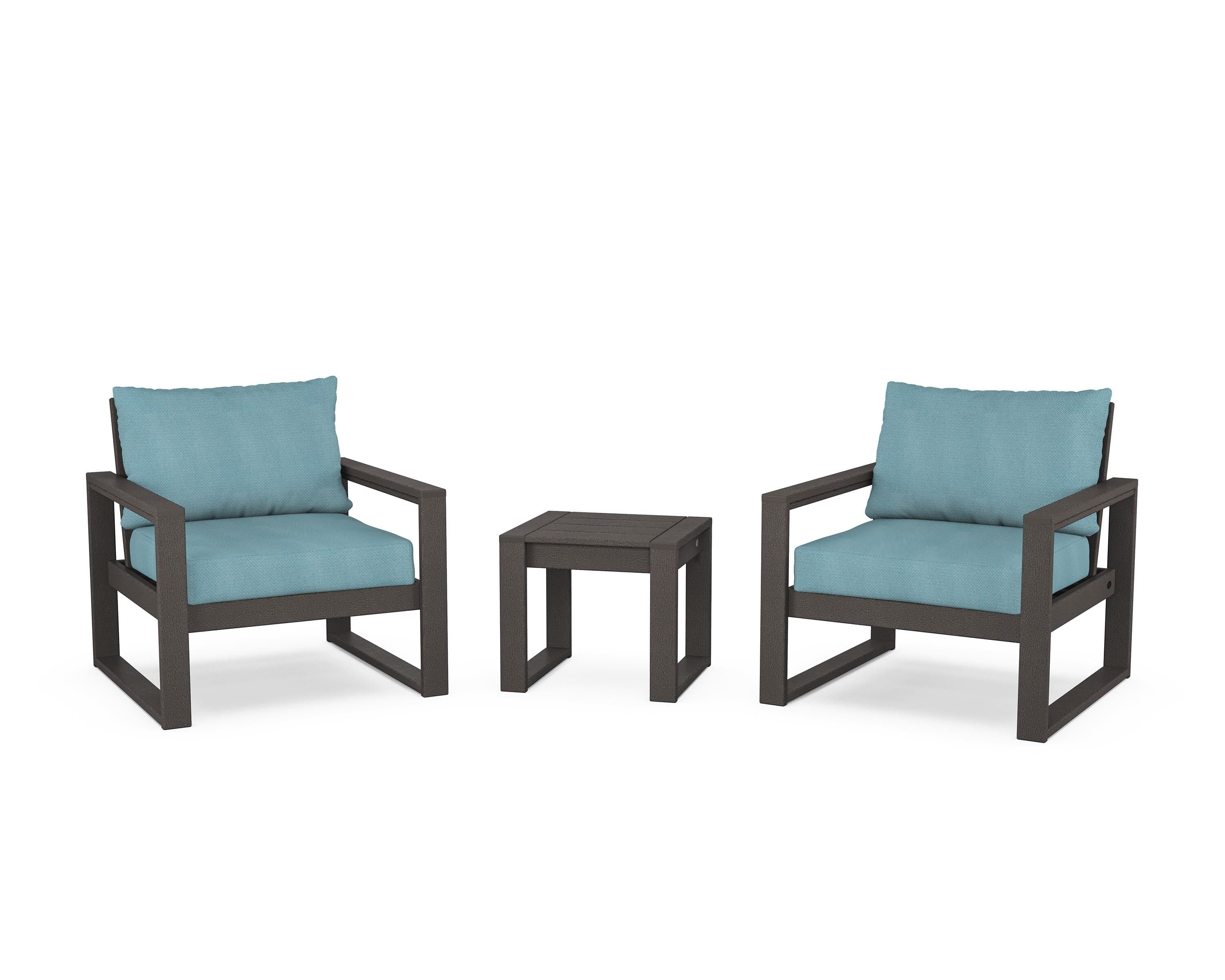POLYWOOD® EDGE Sectional 3-Piece Deep Seating Set in Vintage Coffee / Lattice Sky Blue