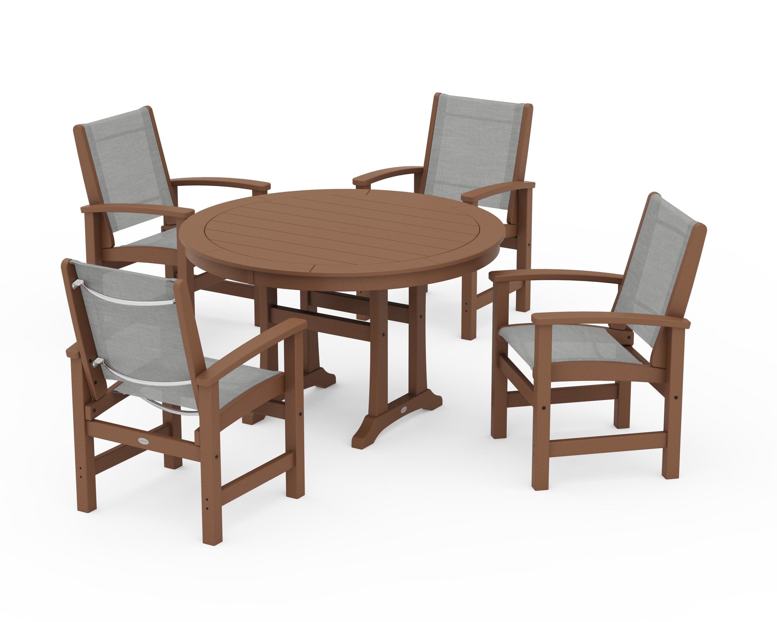 POLYWOOD® Coastal 5-Piece Round Dining Set with Trestle Legs in Teak / Metallic Sling