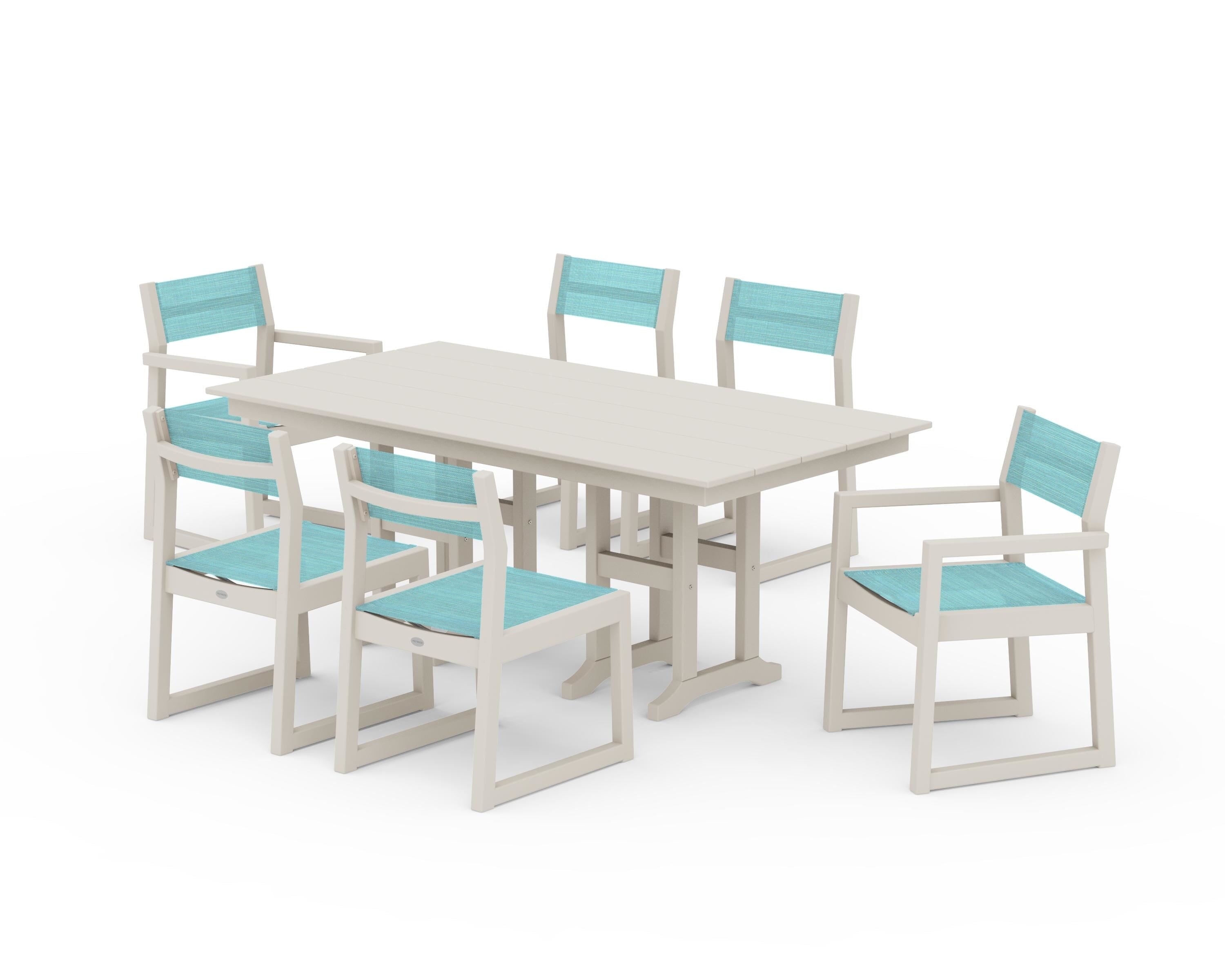 POLYWOOD® EDGE Sling 7-Piece Farmhouse Dining Set in Sand / Dupioni Aquamarine Sling