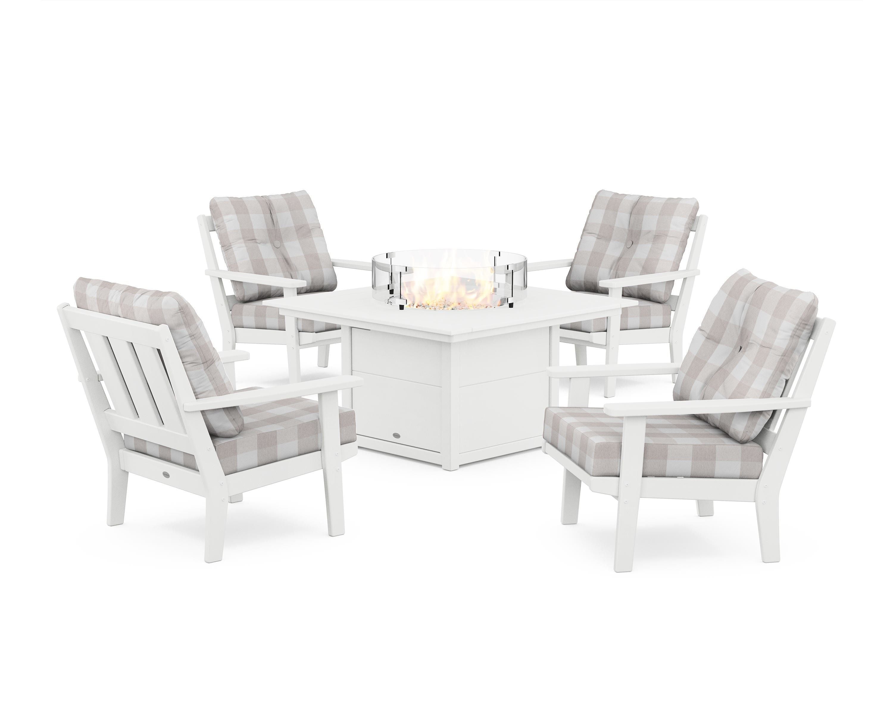 POLYWOOD® Oxford 5-Piece Deep Seating Set with Fire Pit Table in White / Buffalo Plaid Dune Burlap
