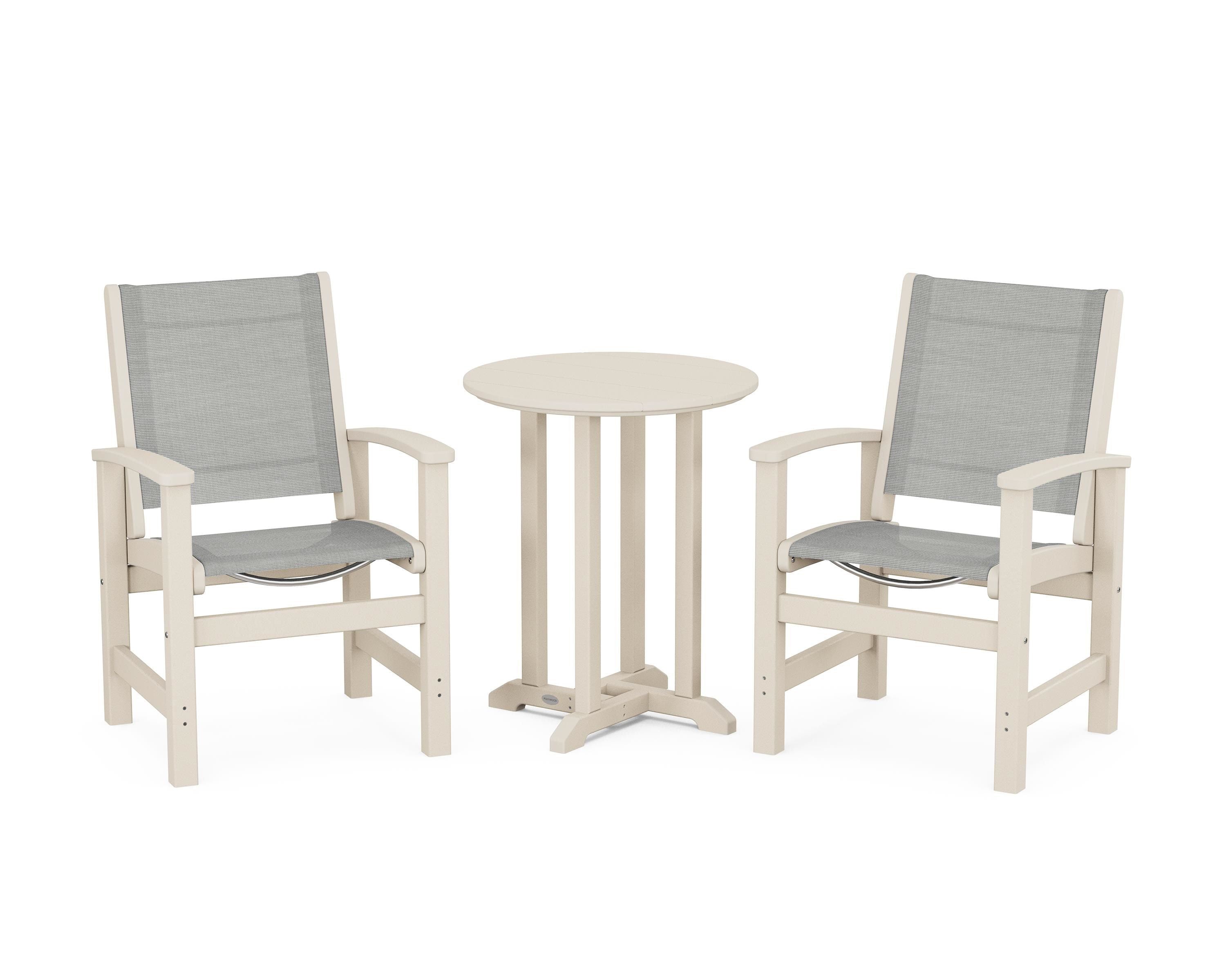 POLYWOOD® Coastal 3-Piece Round Bistro Dining Set in Sand / Metallic Sling