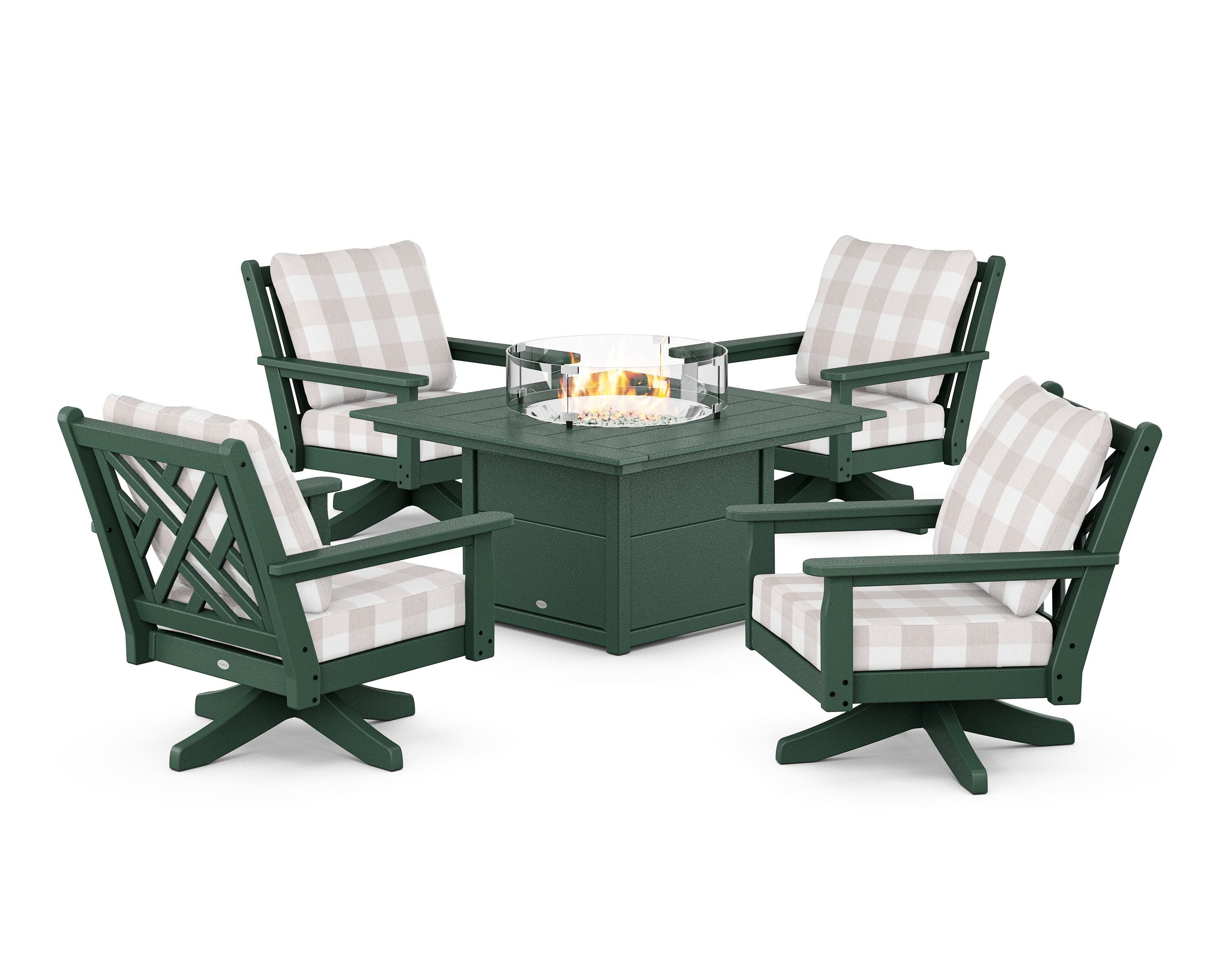 POLYWOOD® Chippendale 5-Piece Deep Seating Swivel Conversation Set with Fire Pit Table in Green / Buffalo Plaid Dune Burlap