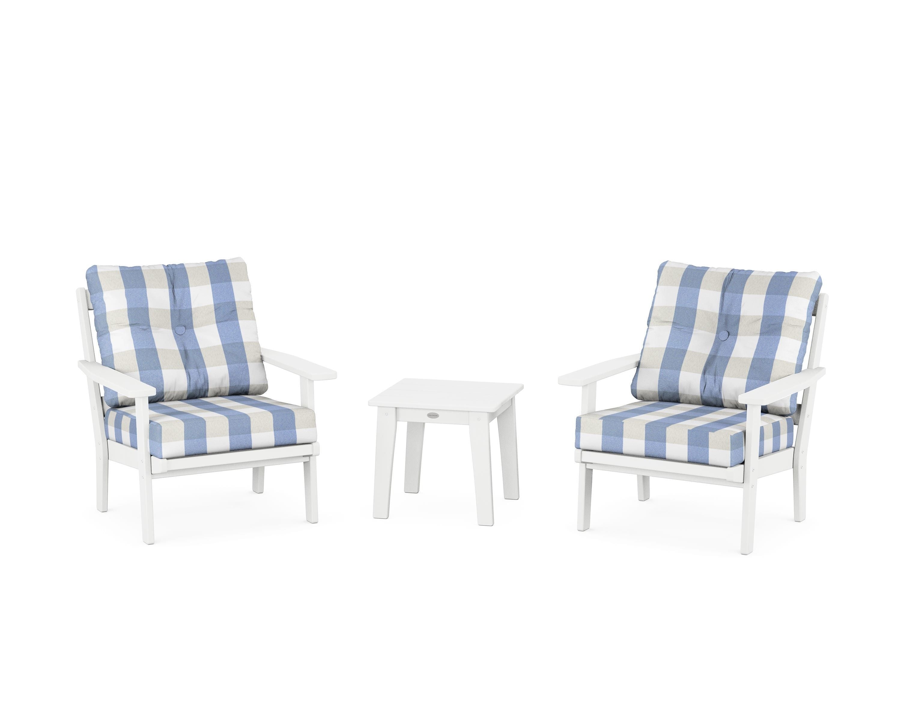 POLYWOOD® Prairie 3-Piece Deep Seating Set in White / Buffalo Plaid Sky Blue
