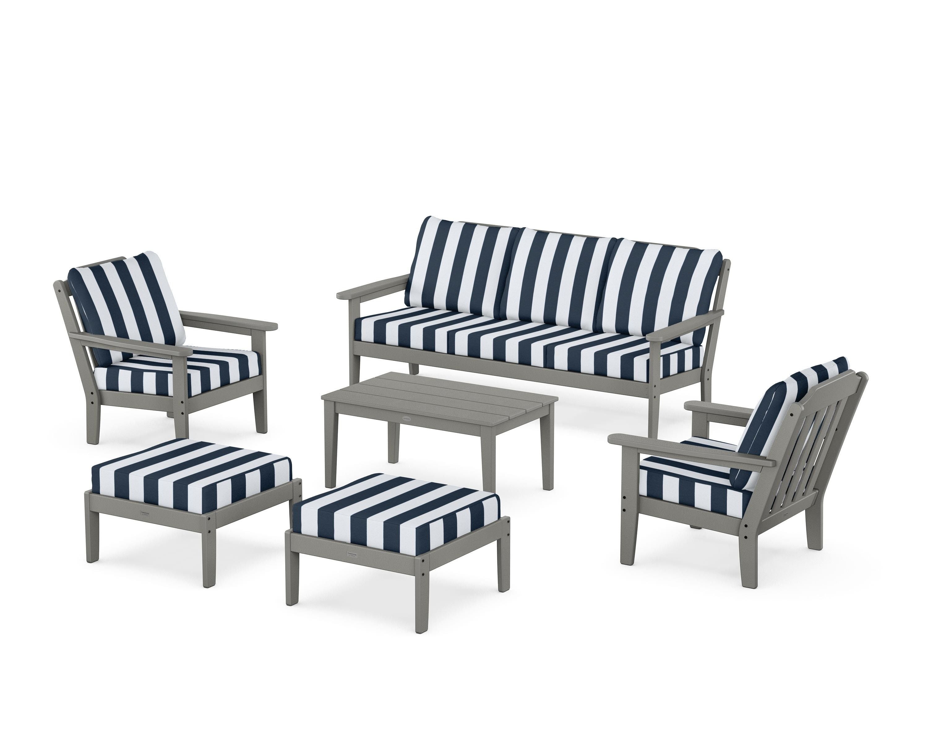 Country Living Cottage 6-Piece Lounge Sofa Set in Slate Grey / Cabana Stripe Marine Indigo