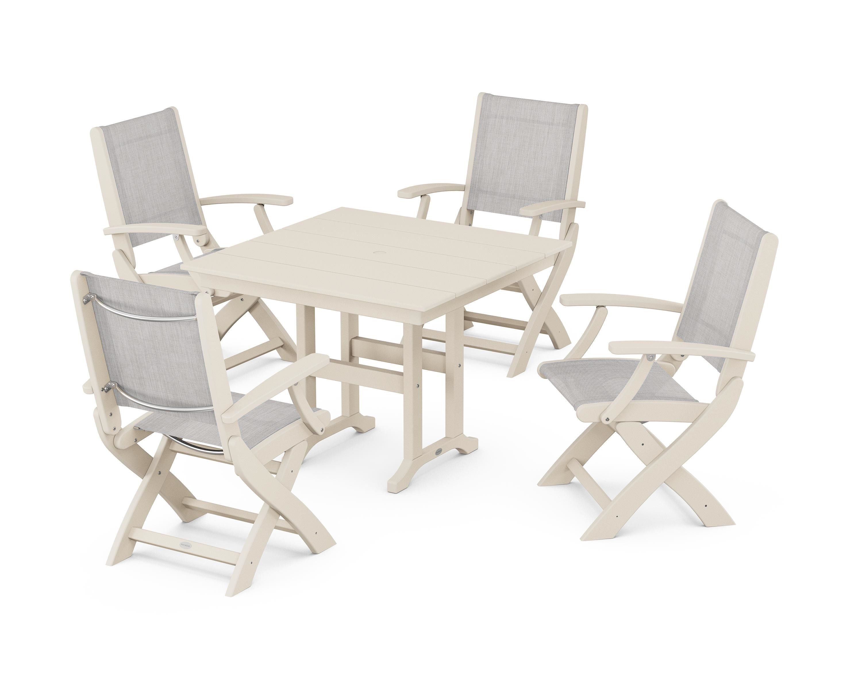 POLYWOOD® Coastal Folding Chair 5-Piece Farmhouse Dining Set in Sand / Parchment Sling