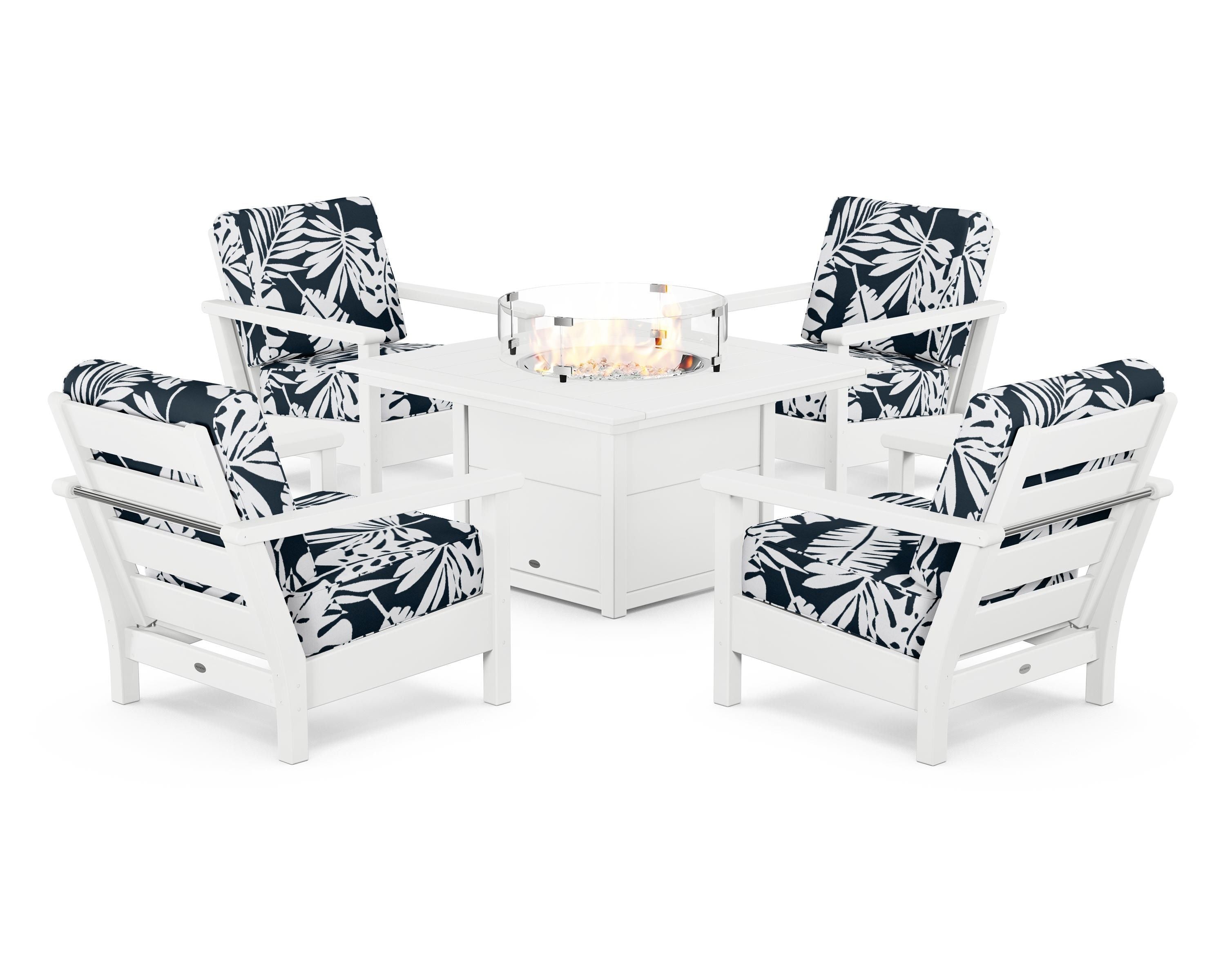 POLYWOOD® Harbour 5-Piece Conversation Set with Fire Pit Table in White / Leaf Marine Indigo