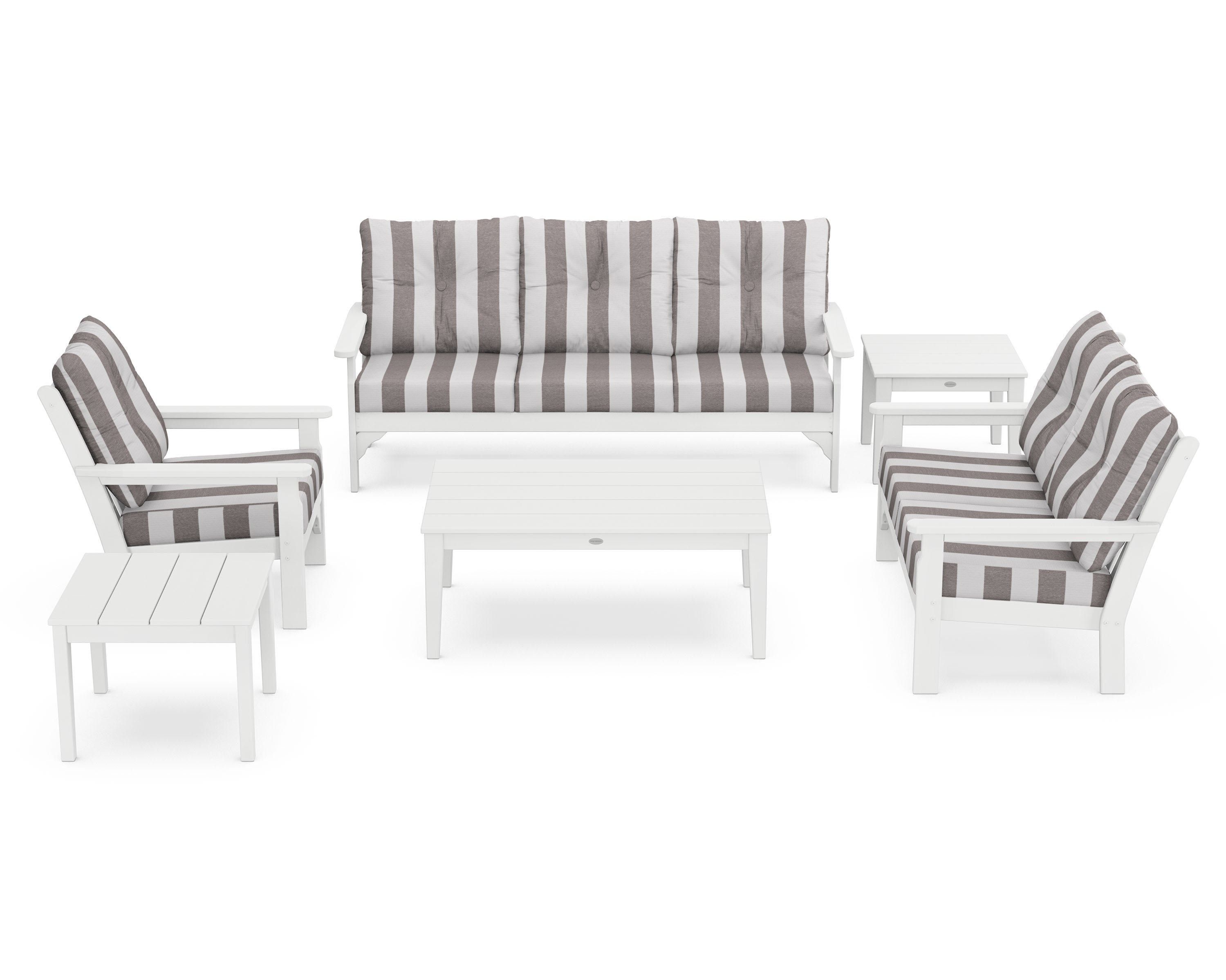 POLYWOOD® Vineyard 6-Piece Deep Seating Set in White / Cabana Stripe Grey Mist